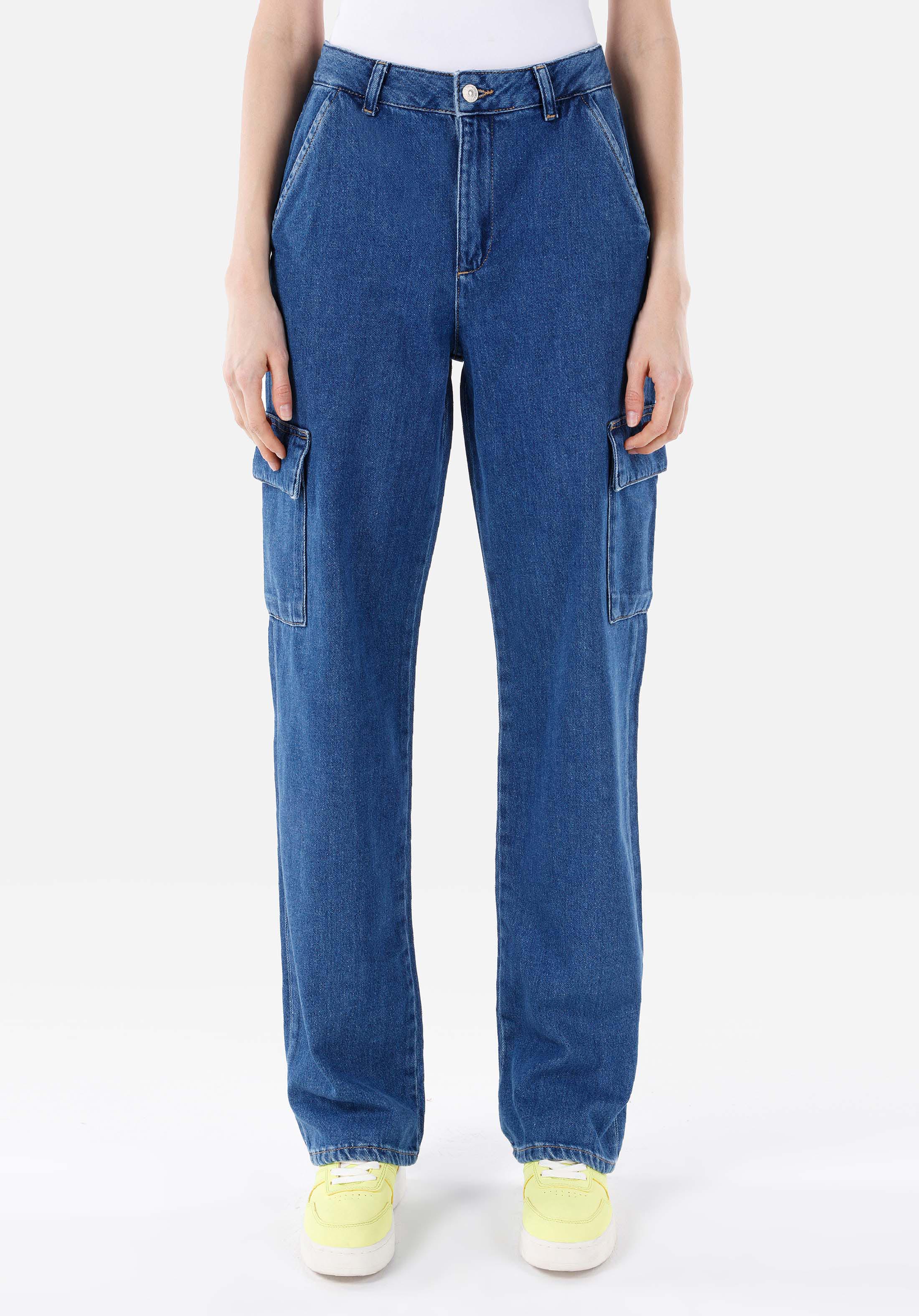 Afișați detalii pentru Cargo Fit Mid Waist Slim Leg Blugi Din Denim Pentru Femei