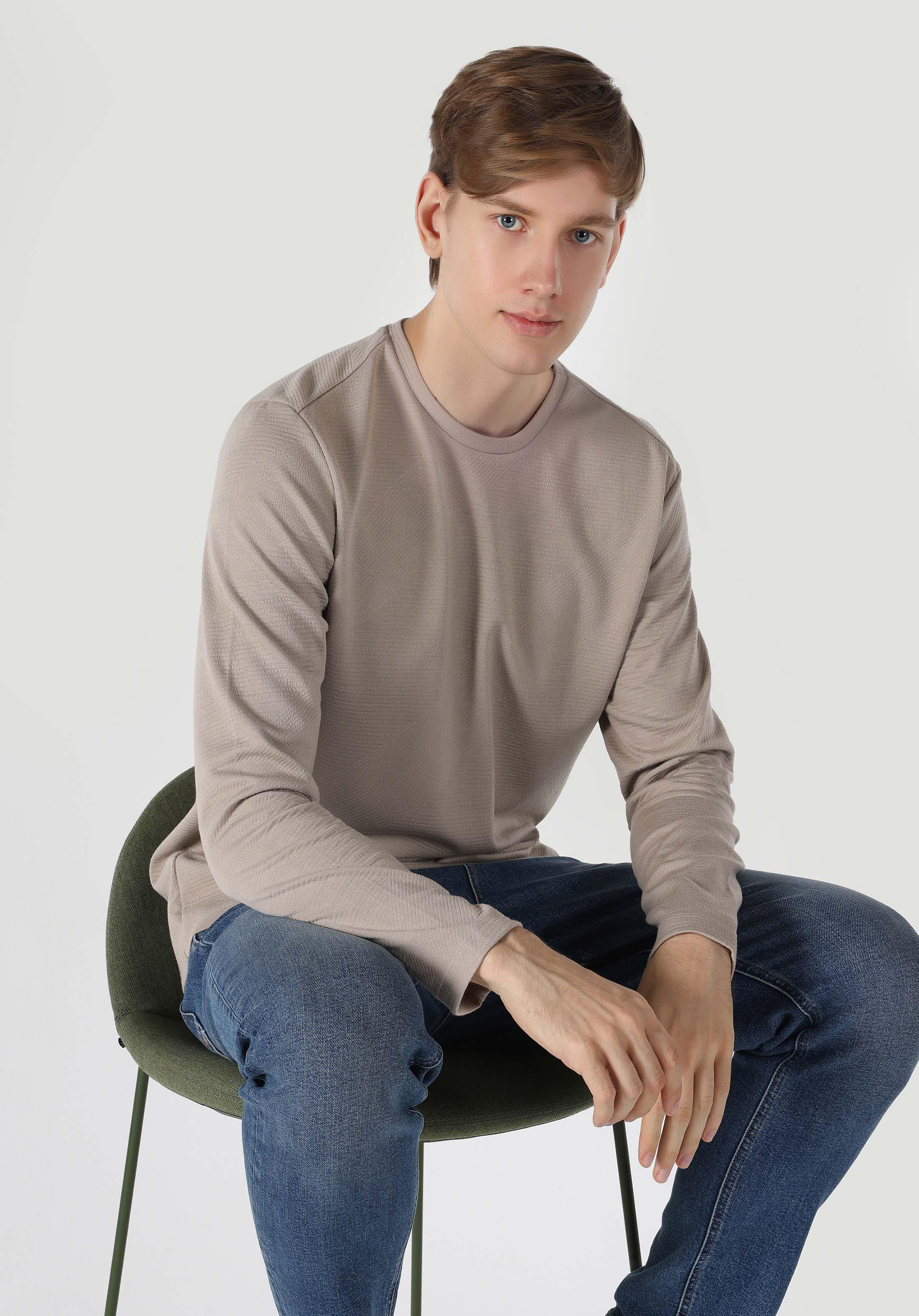 Afișați detalii pentru Tricou Cu Maneca Lunga De Barbati Bej Regular Fit  Cl1057320