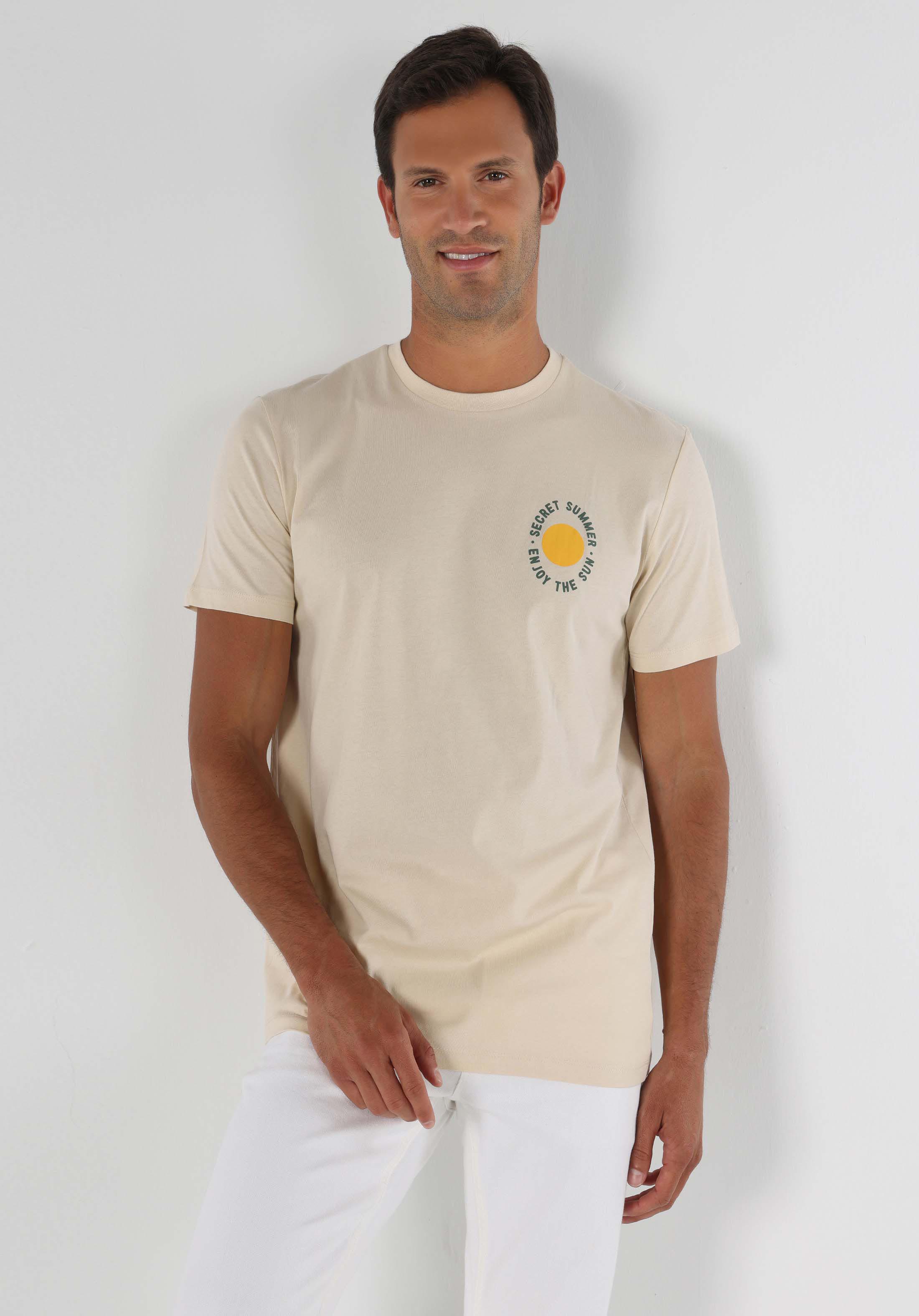 Afișați detalii pentru Regular Fit Round Neck Drept Tricou Cu Mânecă Scurtă Ecru Pentru Bărbați