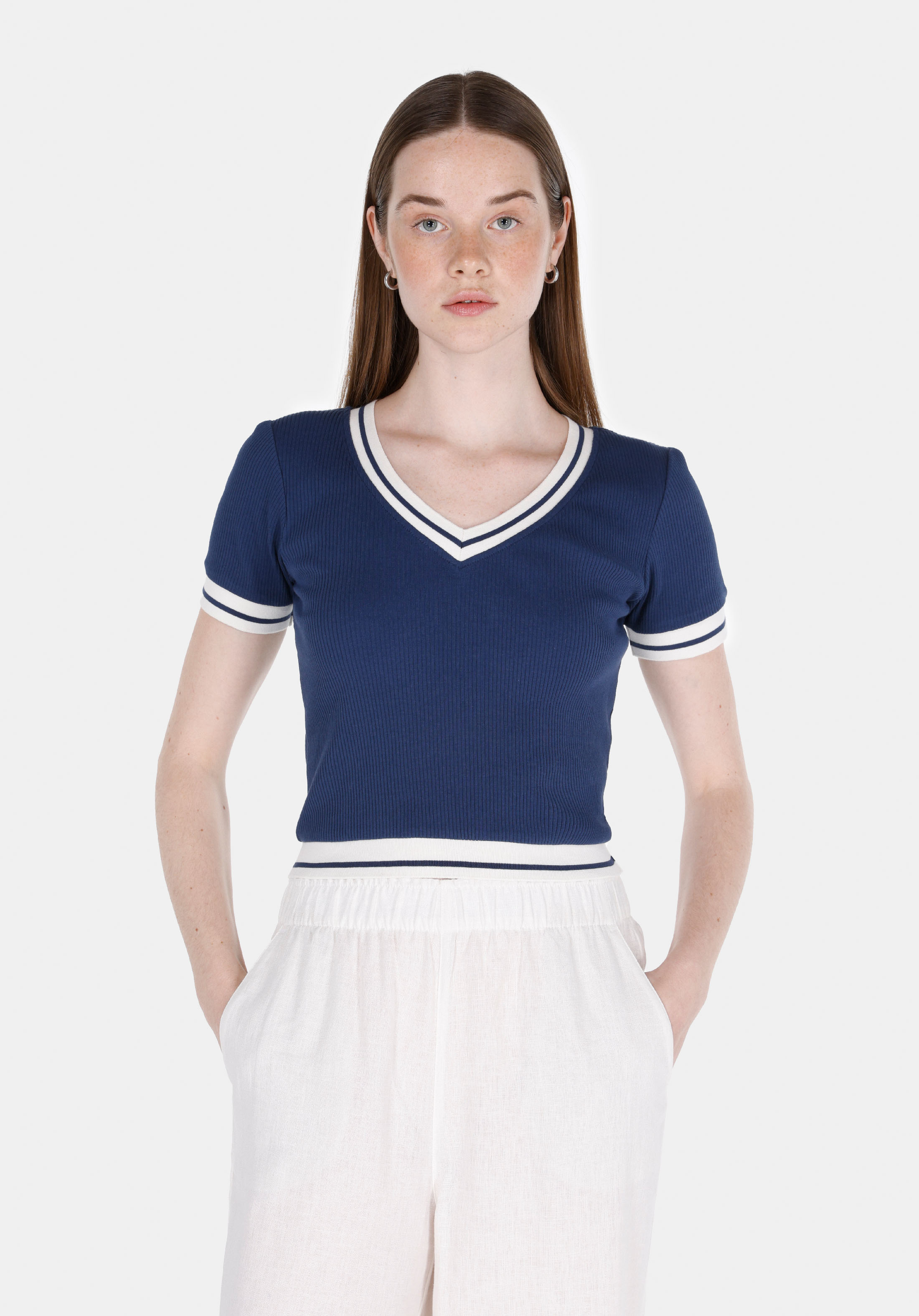 Afișați detalii pentru Pulover Cu Mâneci Scurte De Dama Albastru Marin Slim Fit  Cl1074589