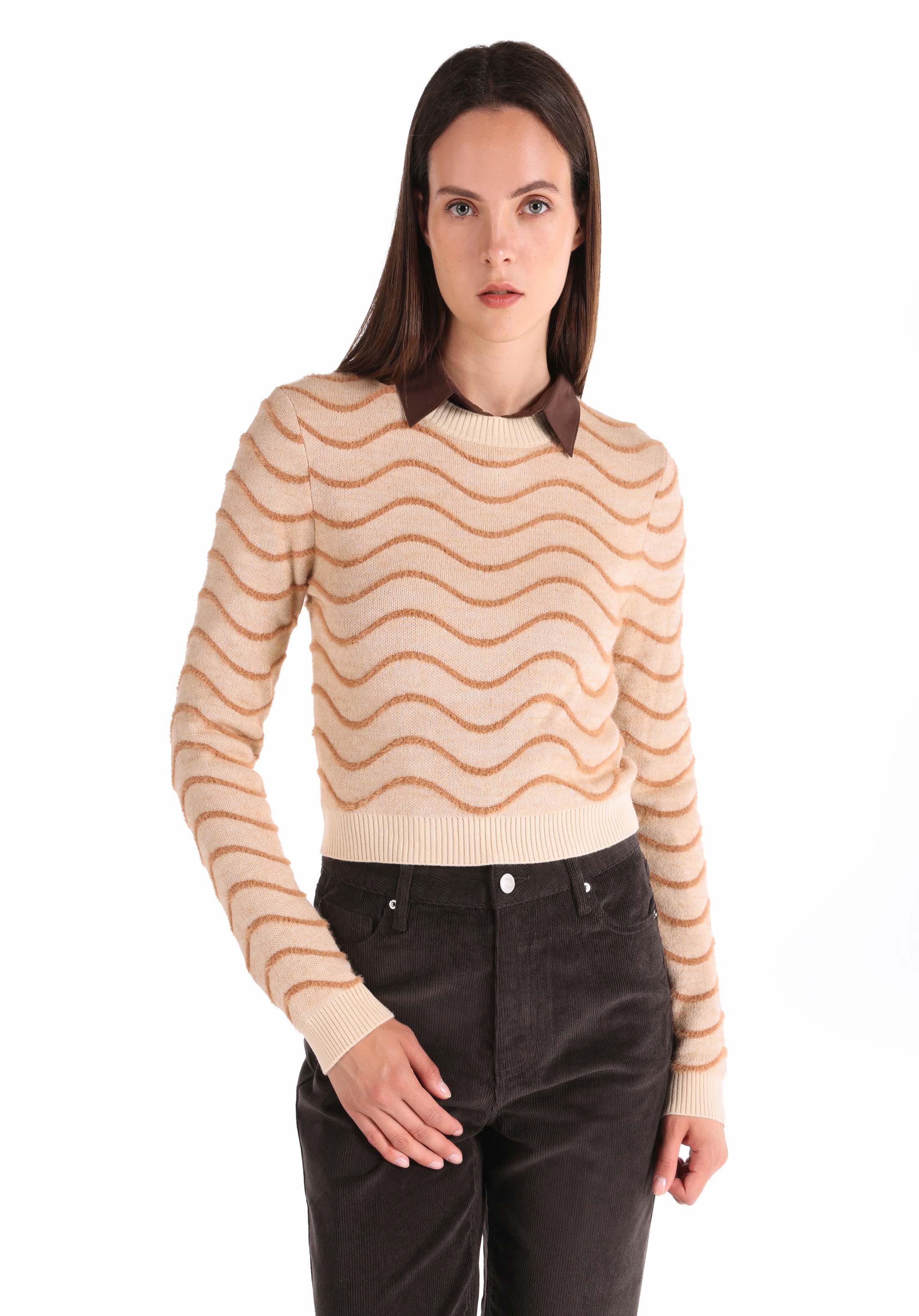 Afișați detalii pentru Pulover Bej Pentru Femei Cu Gât Rotund Cu Dungi Slim Fit