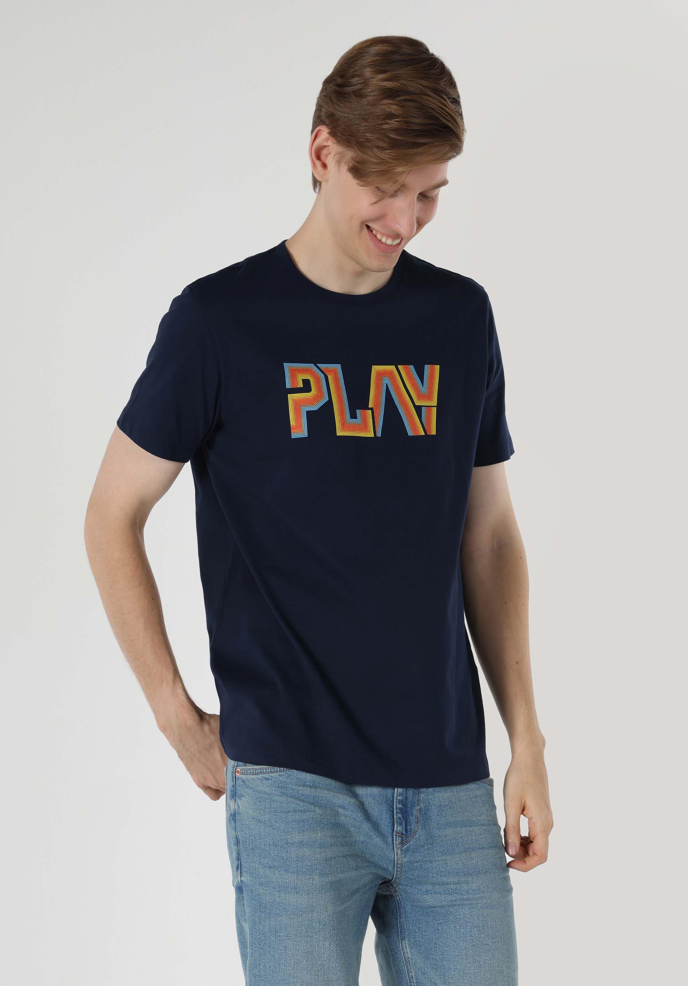 Afișați detalii pentru Regular Fit Round Neck Drept Bărbați Bleumarin Tricou Cu Mânecă Scurtă