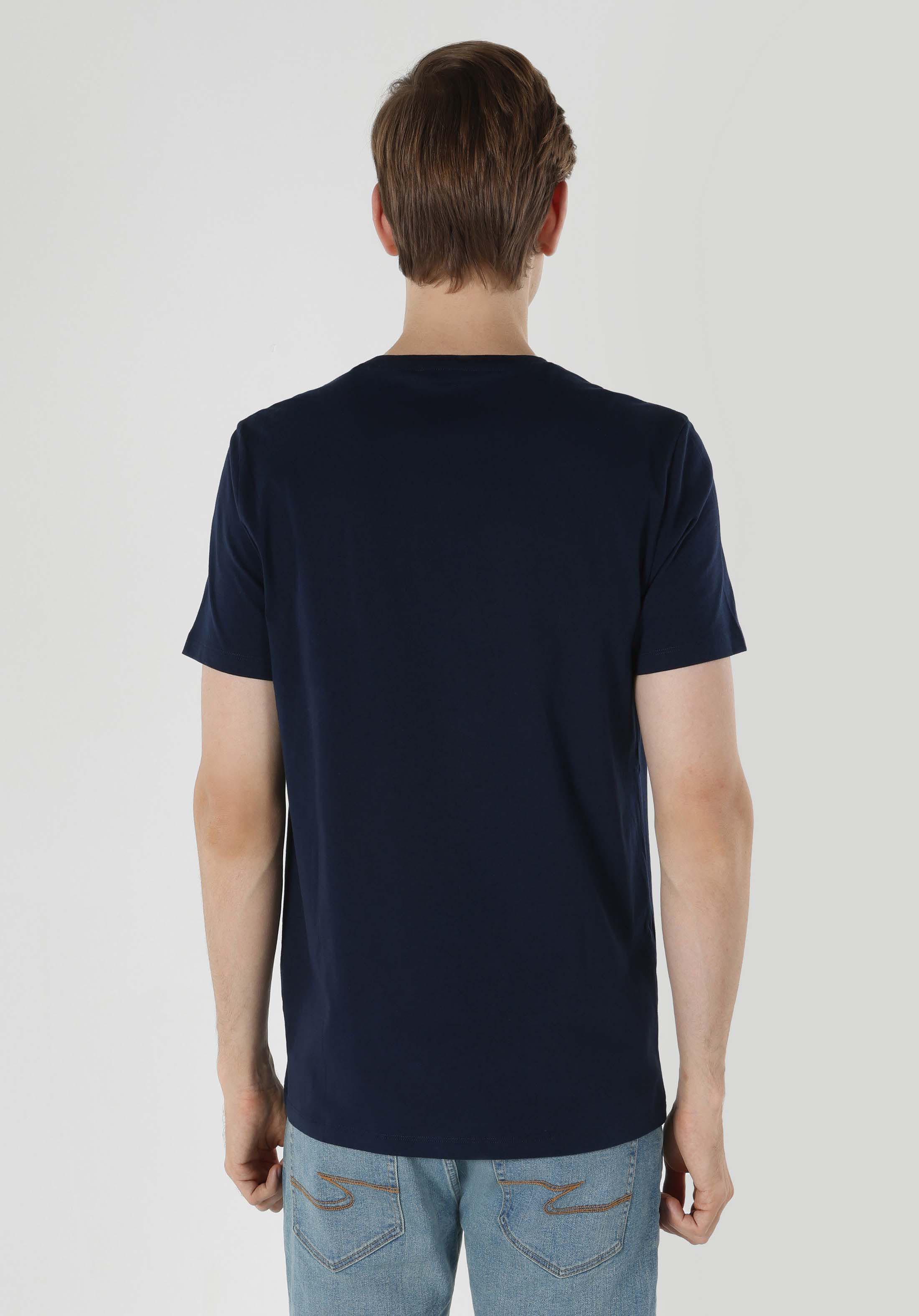 Afișați detalii pentru Regular Fit Round Neck Drept Bărbați Bleumarin Tricou Cu Mânecă Scurtă