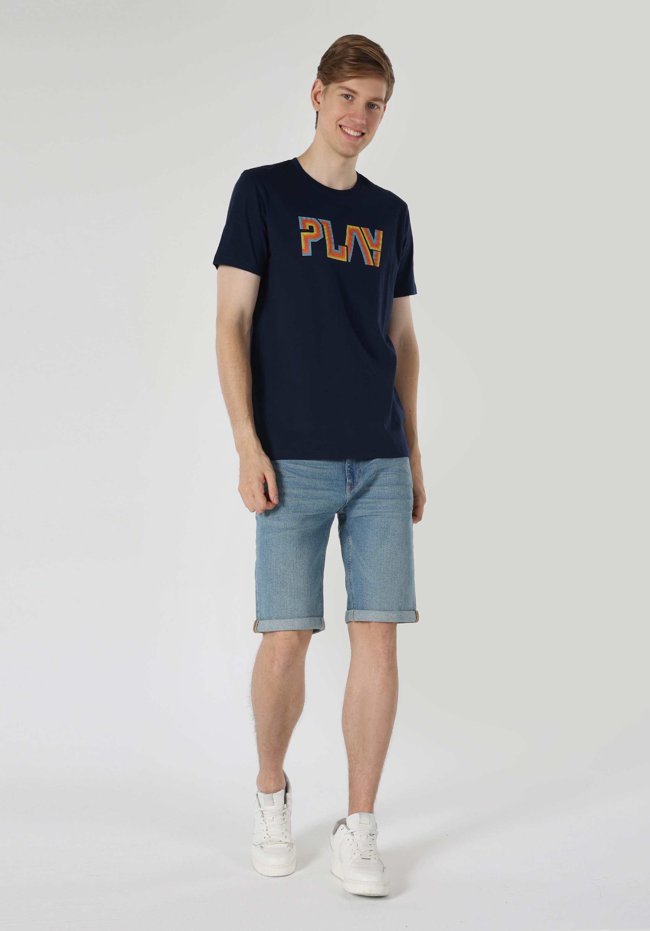 Afișați detalii pentru Regular Fit Round Neck Drept Bărbați Bleumarin Tricou Cu Mânecă Scurtă