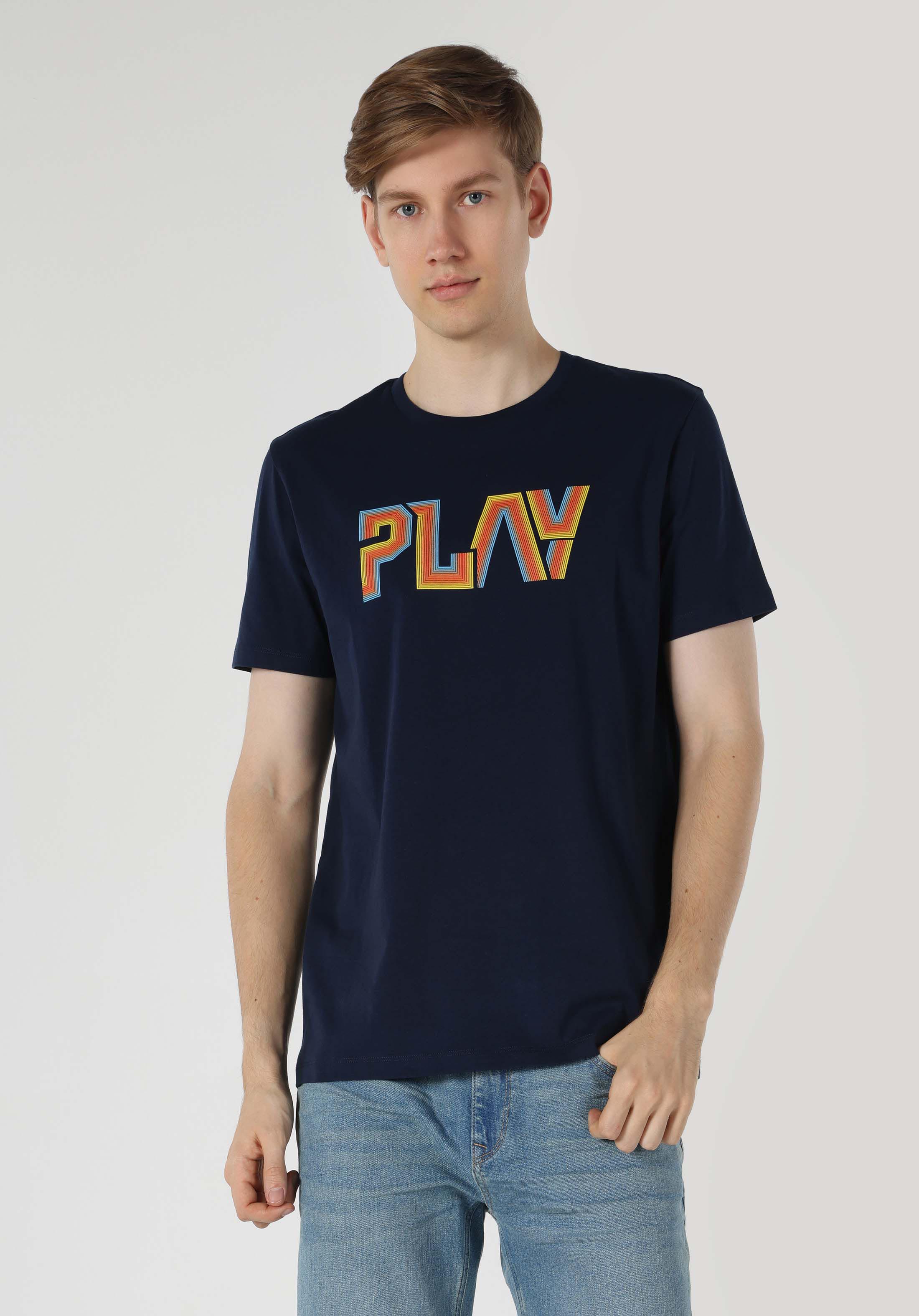 Afișați detalii pentru Regular Fit Round Neck Drept Bărbați Bleumarin Tricou Cu Mânecă Scurtă