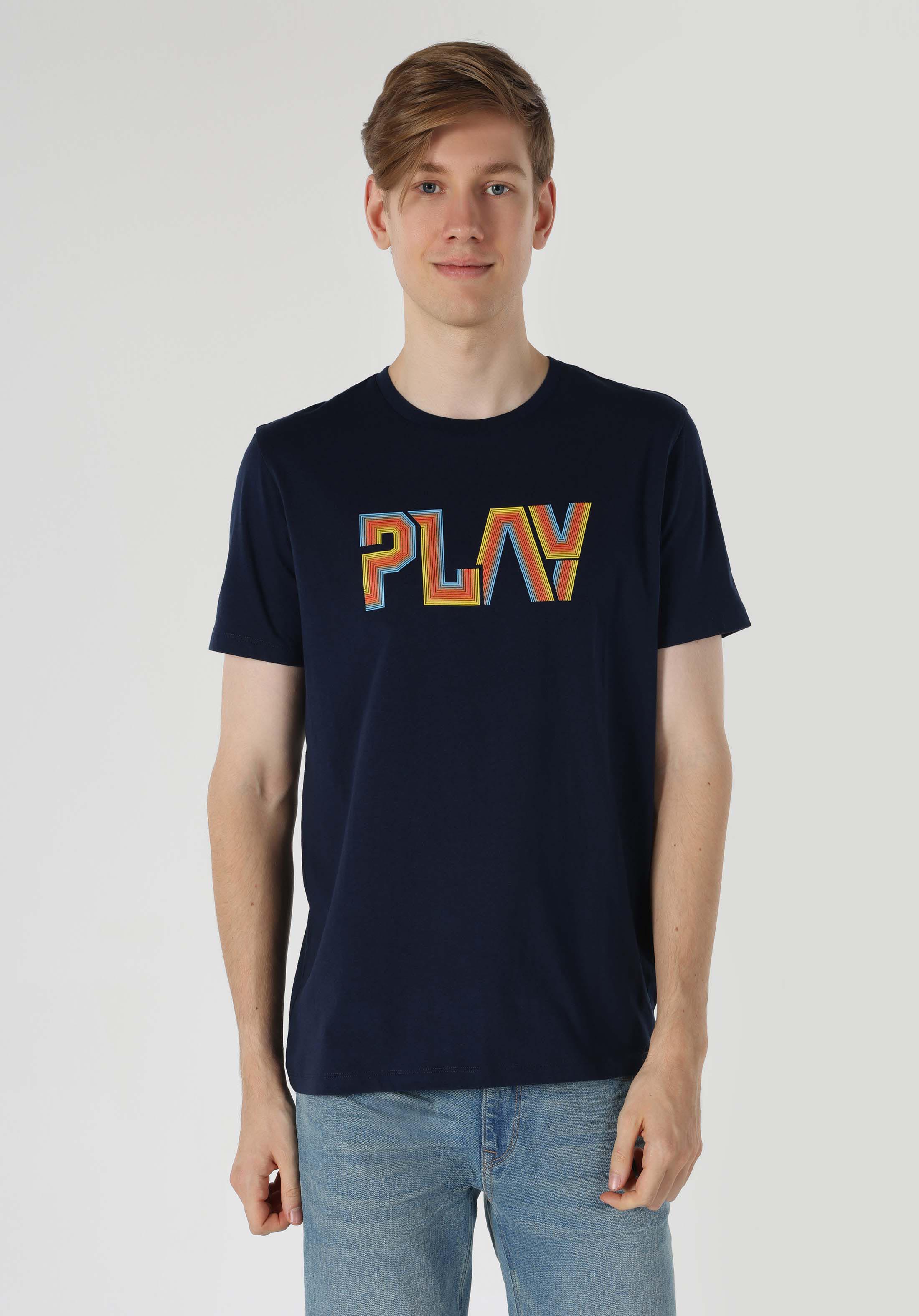 Afișați detalii pentru Regular Fit Round Neck Drept Bărbați Bleumarin Tricou Cu Mânecă Scurtă