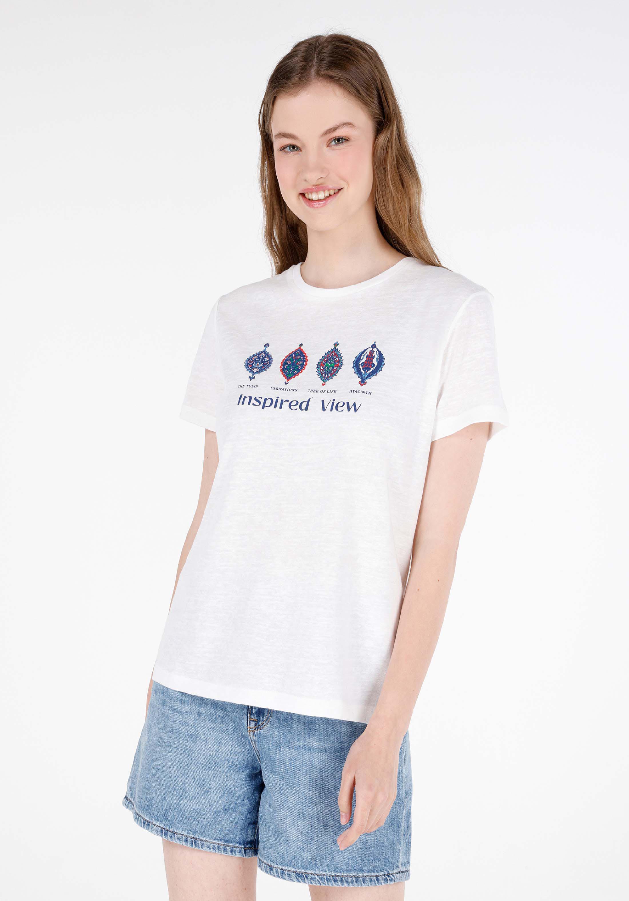 Afișați detalii pentru Regular Fit Round Neck Imprimat Tricou Alb Cu Mânecă Scurtă Pentru Femei