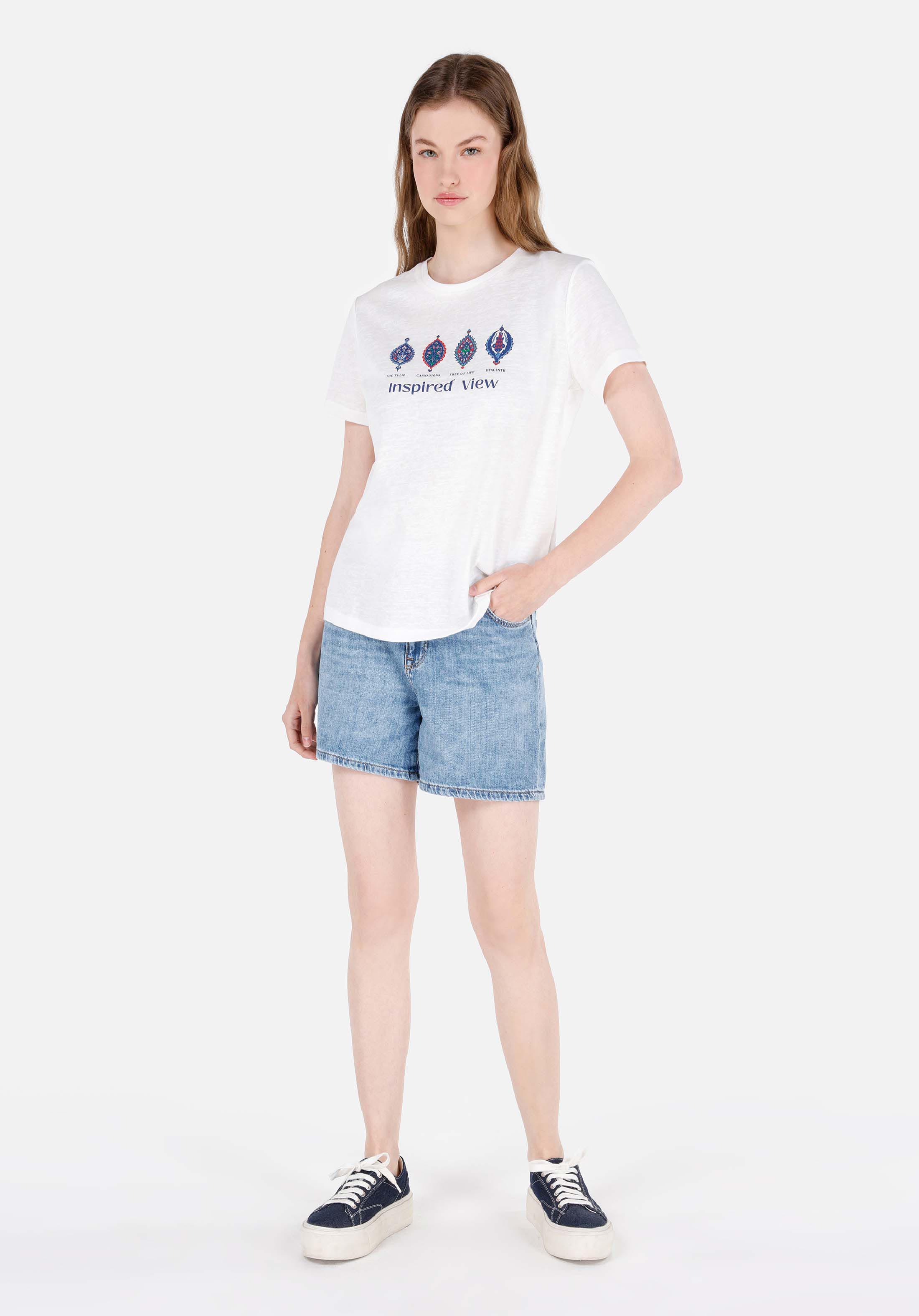 Afișați detalii pentru Regular Fit Round Neck Imprimat Tricou Alb Cu Mânecă Scurtă Pentru Femei