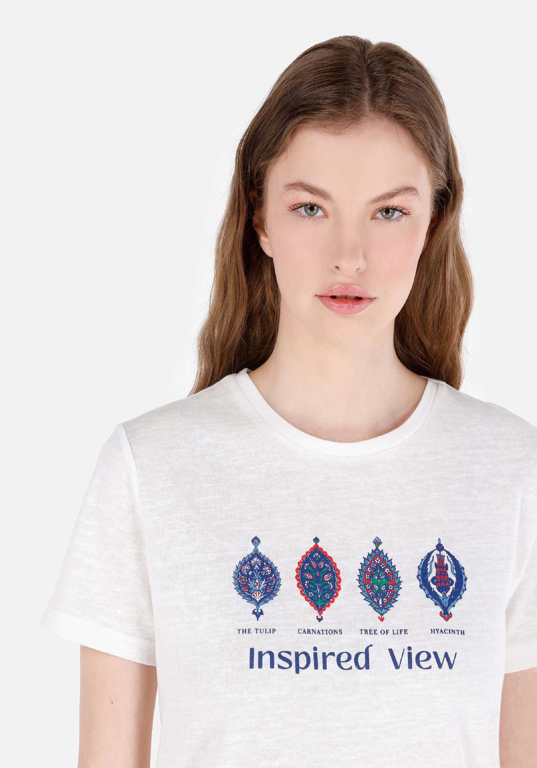 Afișați detalii pentru Regular Fit Round Neck Imprimat Tricou Alb Cu Mânecă Scurtă Pentru Femei