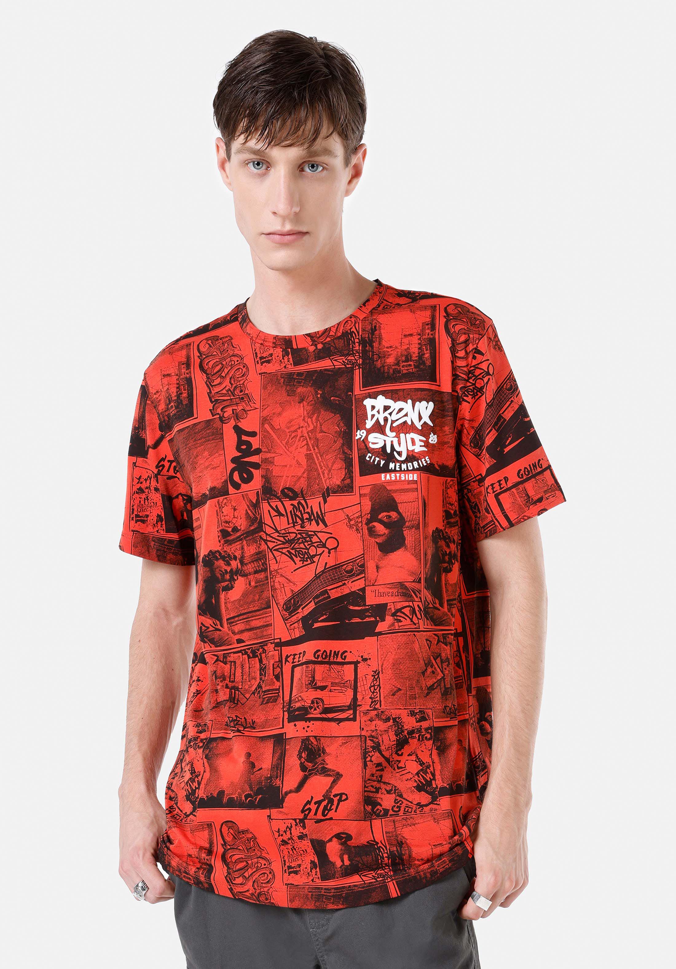 Afișați detalii pentru Regular Fit Round Neck Imprimat Tricou Cu Mânecă Scurtă Portocaliu Pentru Bărbați