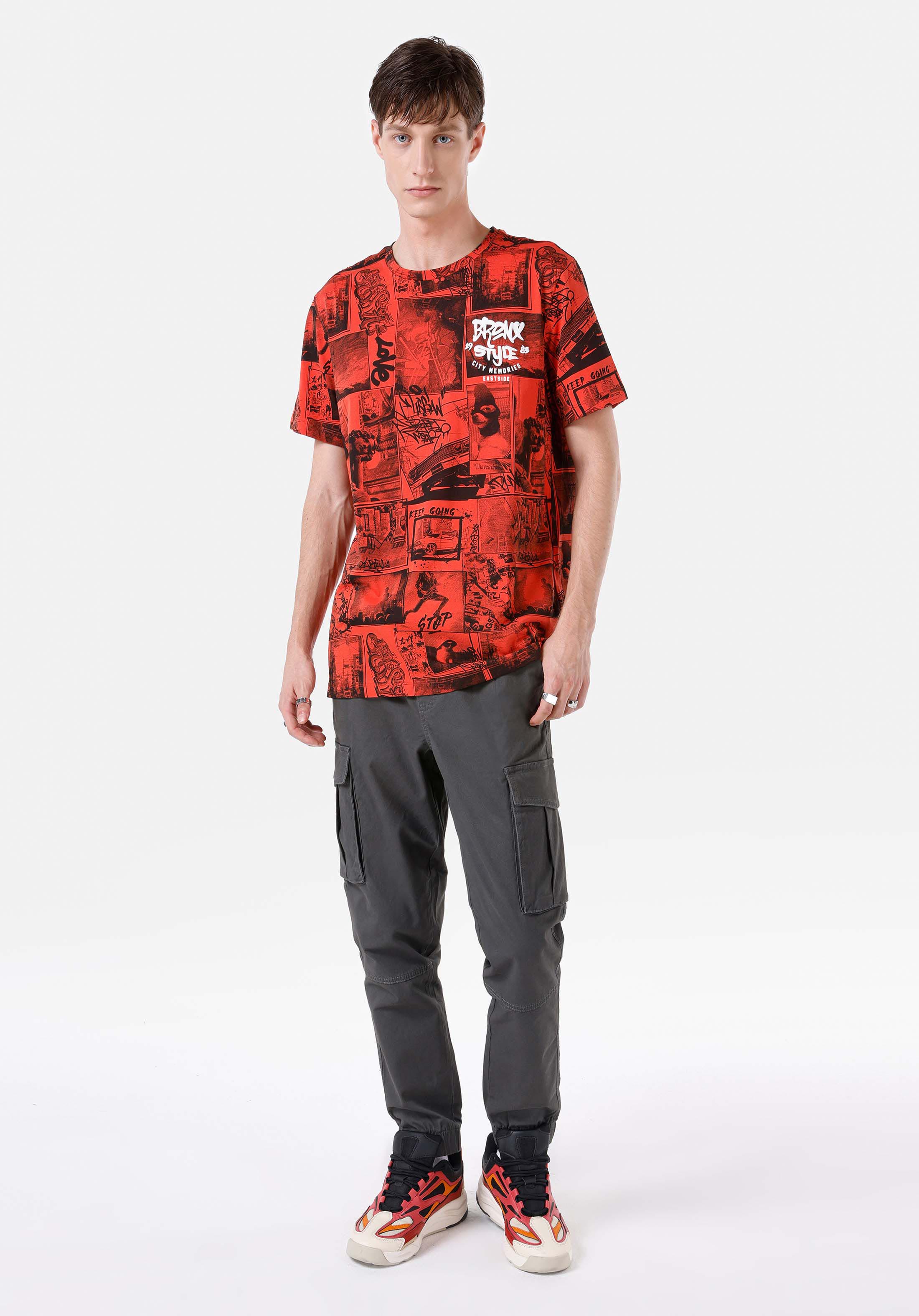 Afișați detalii pentru Regular Fit Round Neck Imprimat Tricou Cu Mânecă Scurtă Portocaliu Pentru Bărbați