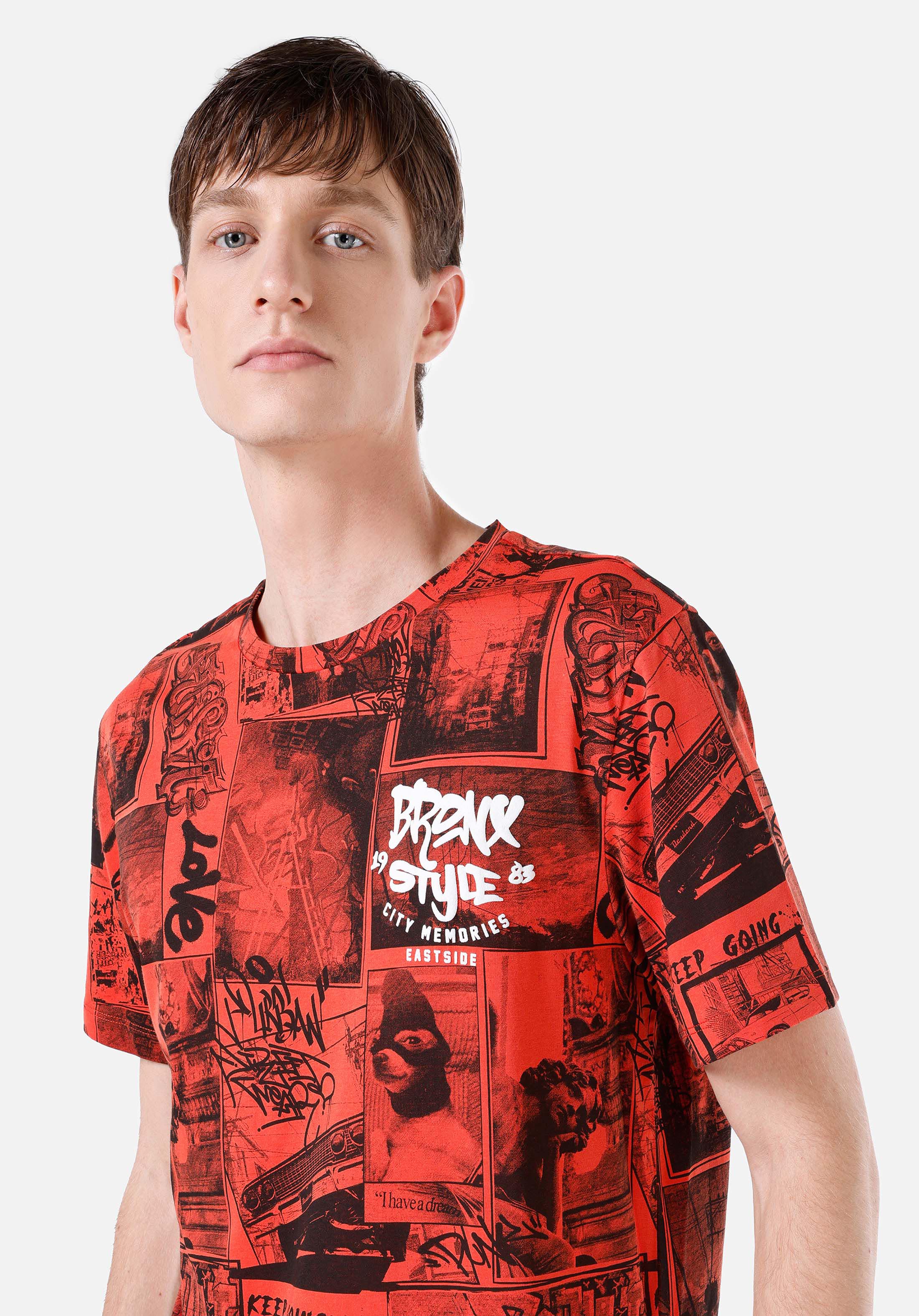 Afișați detalii pentru Regular Fit Round Neck Imprimat Tricou Cu Mânecă Scurtă Portocaliu Pentru Bărbați