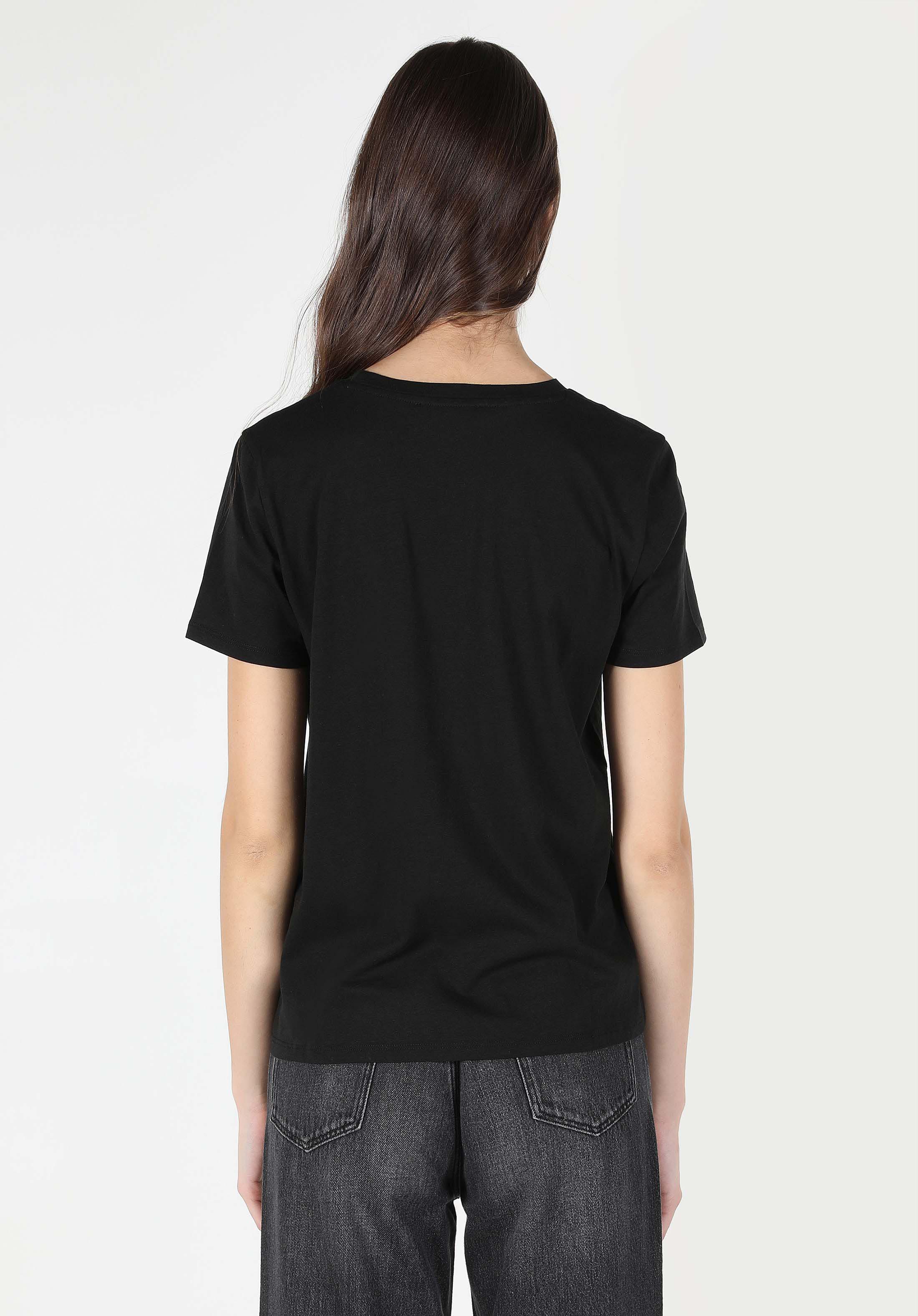 Afișați detalii pentru Regular Fit Round Neck Imprimat Tricou Negru Cu Mânecă Scurtă Pentru Femei