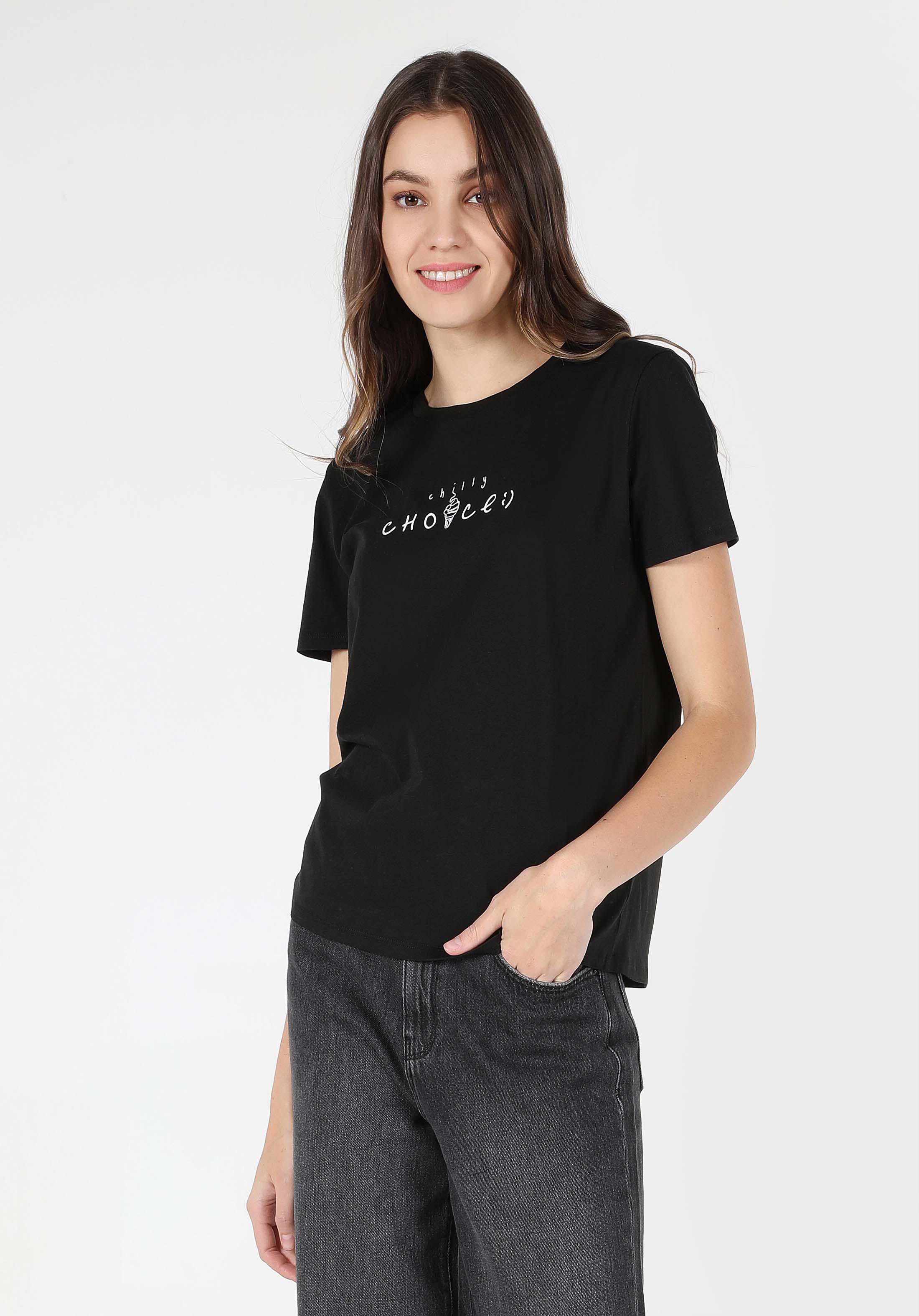 Afișați detalii pentru Regular Fit Round Neck Imprimat Tricou Negru Cu Mânecă Scurtă Pentru Femei