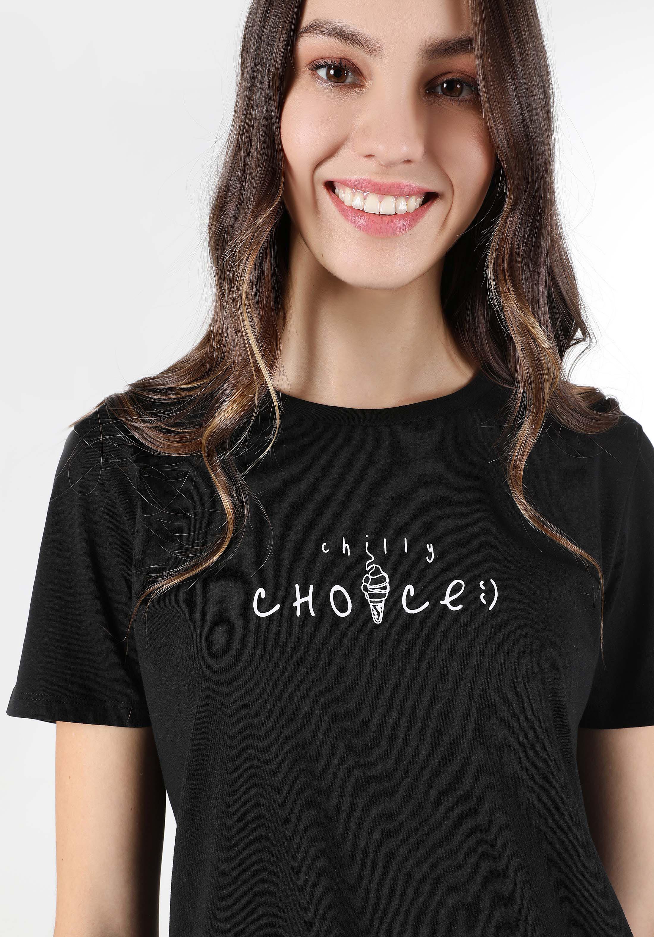 Afișați detalii pentru Regular Fit Round Neck Imprimat Tricou Negru Cu Mânecă Scurtă Pentru Femei