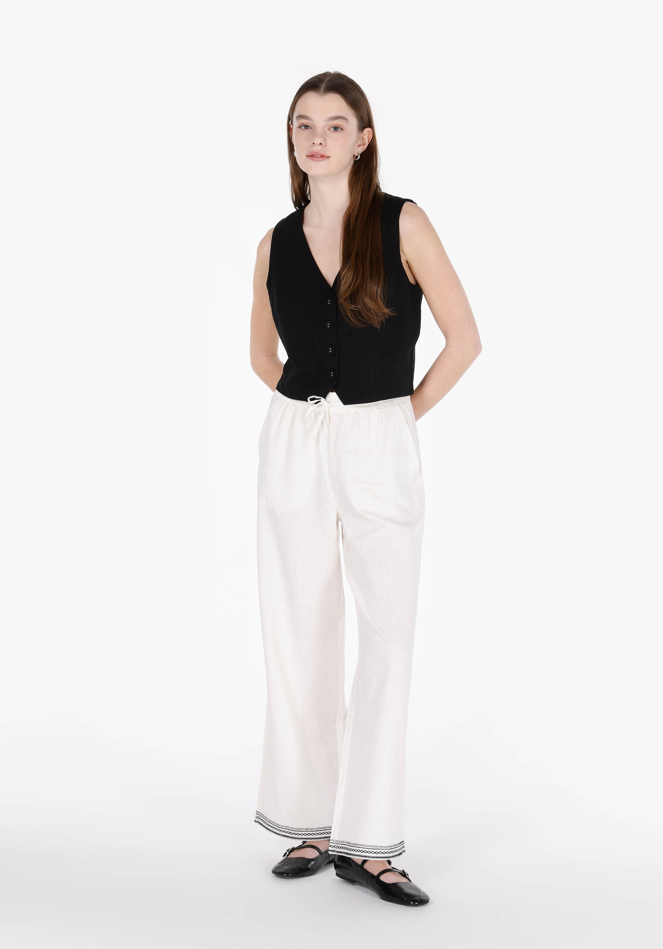 Afișați detalii pentru Regular Fit Talie Talie Pantaloni Largi Pantaloni Albi Pentru Femei