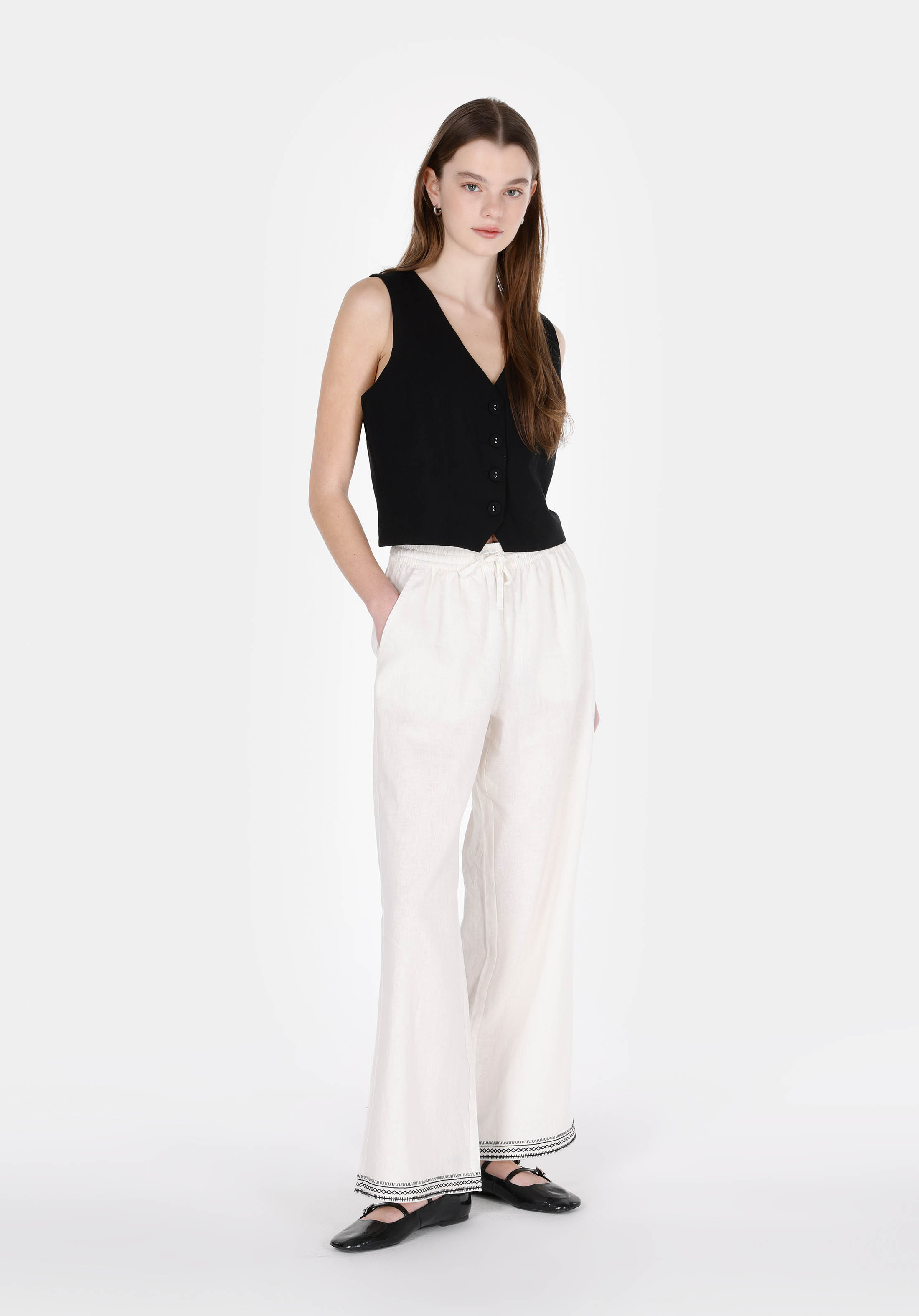 Afișați detalii pentru Regular Fit Talie Talie Pantaloni Largi Pantaloni Albi Pentru Femei