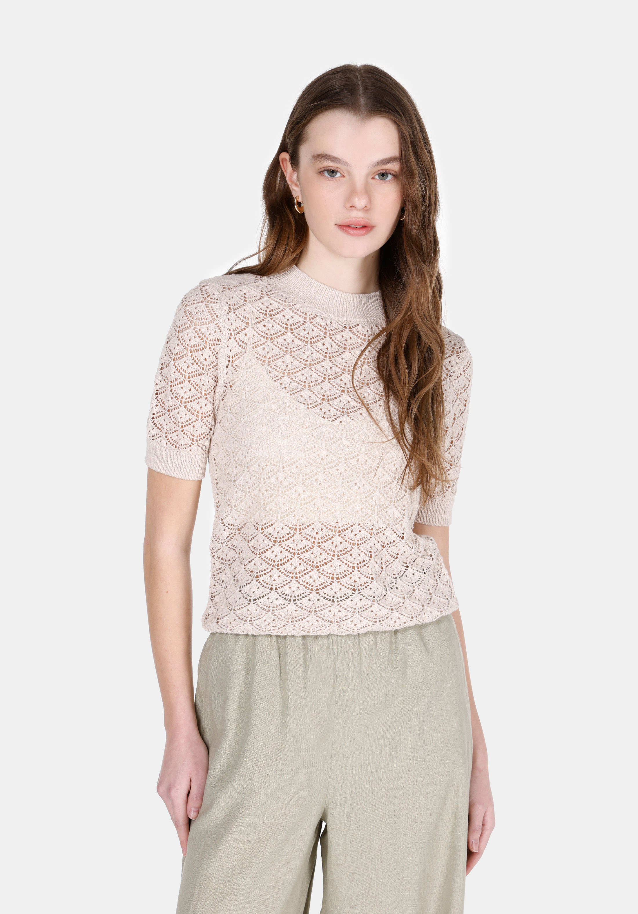 Afișați detalii pentru Pulover Cu Mâneci Scurte De Dama Bej Slim Fit  Cl1074415