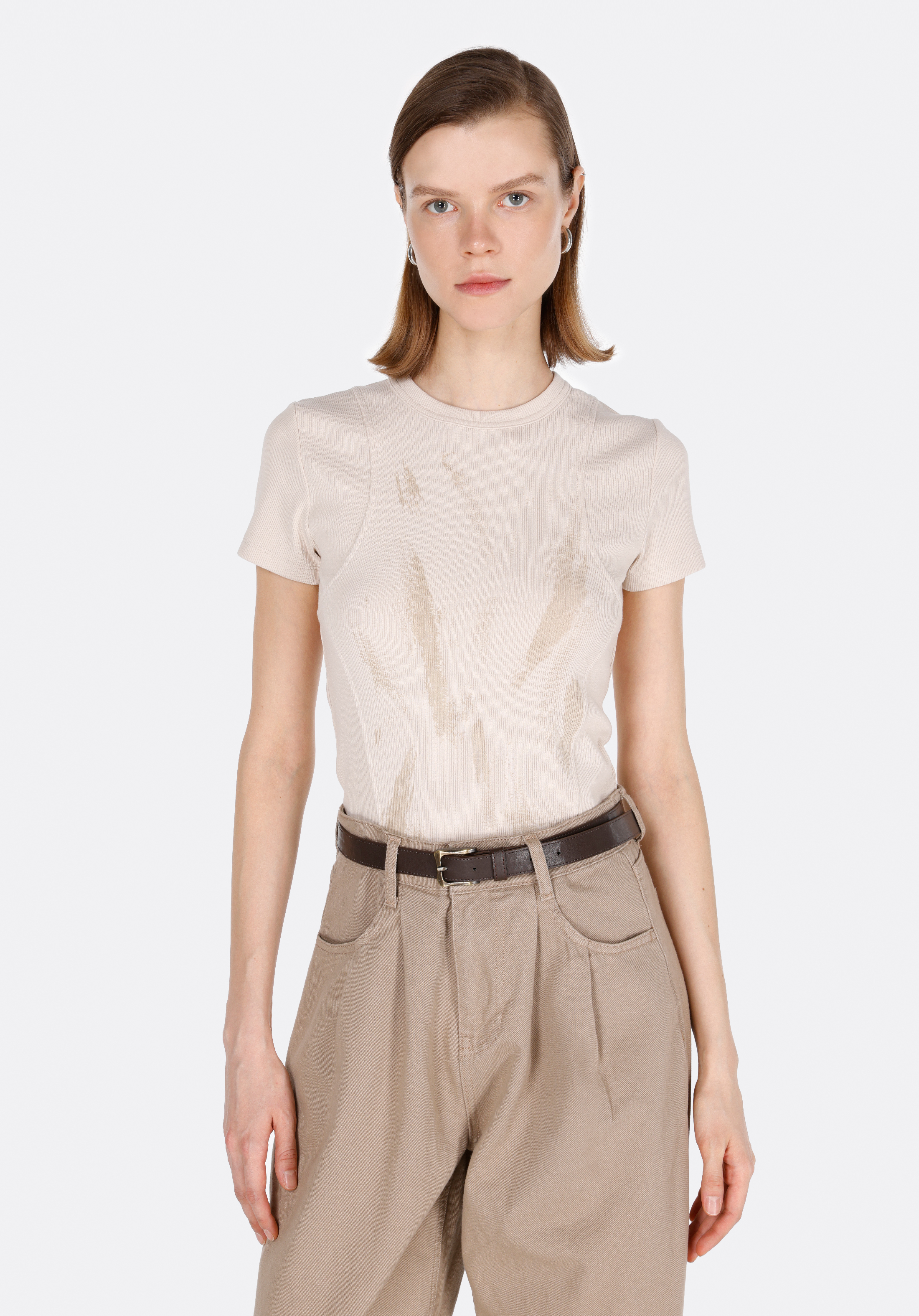 Afișați detalii pentru Bluza Cu Maneca Scurta De Dama Bej Slim Fit  Cl1073152