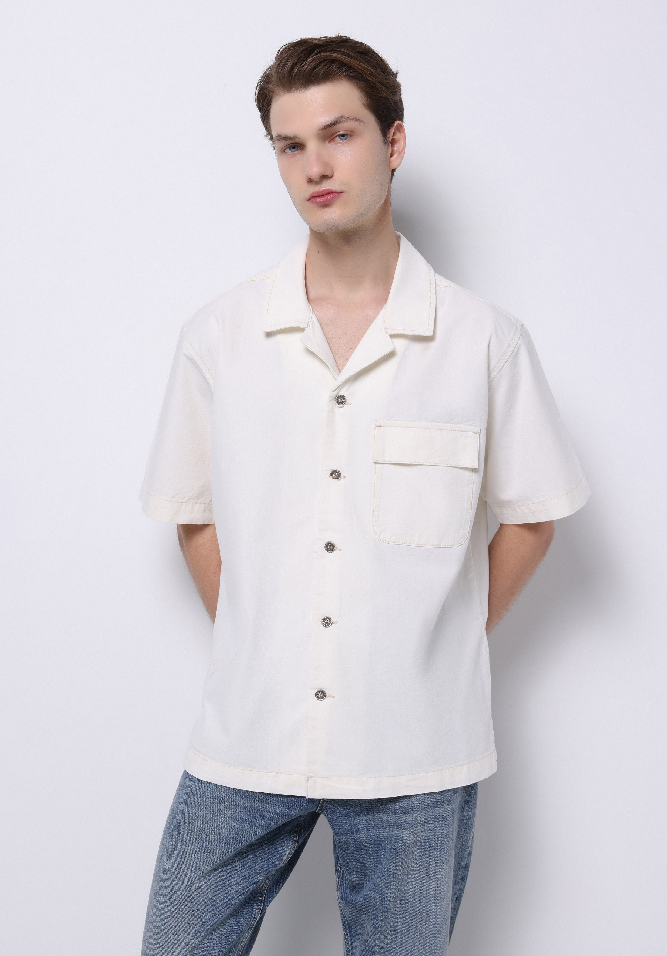 Afișați detalii pentru Camasa Cu Maneca Scurta De Barbati Bej Oversize Fit  Cl1074791