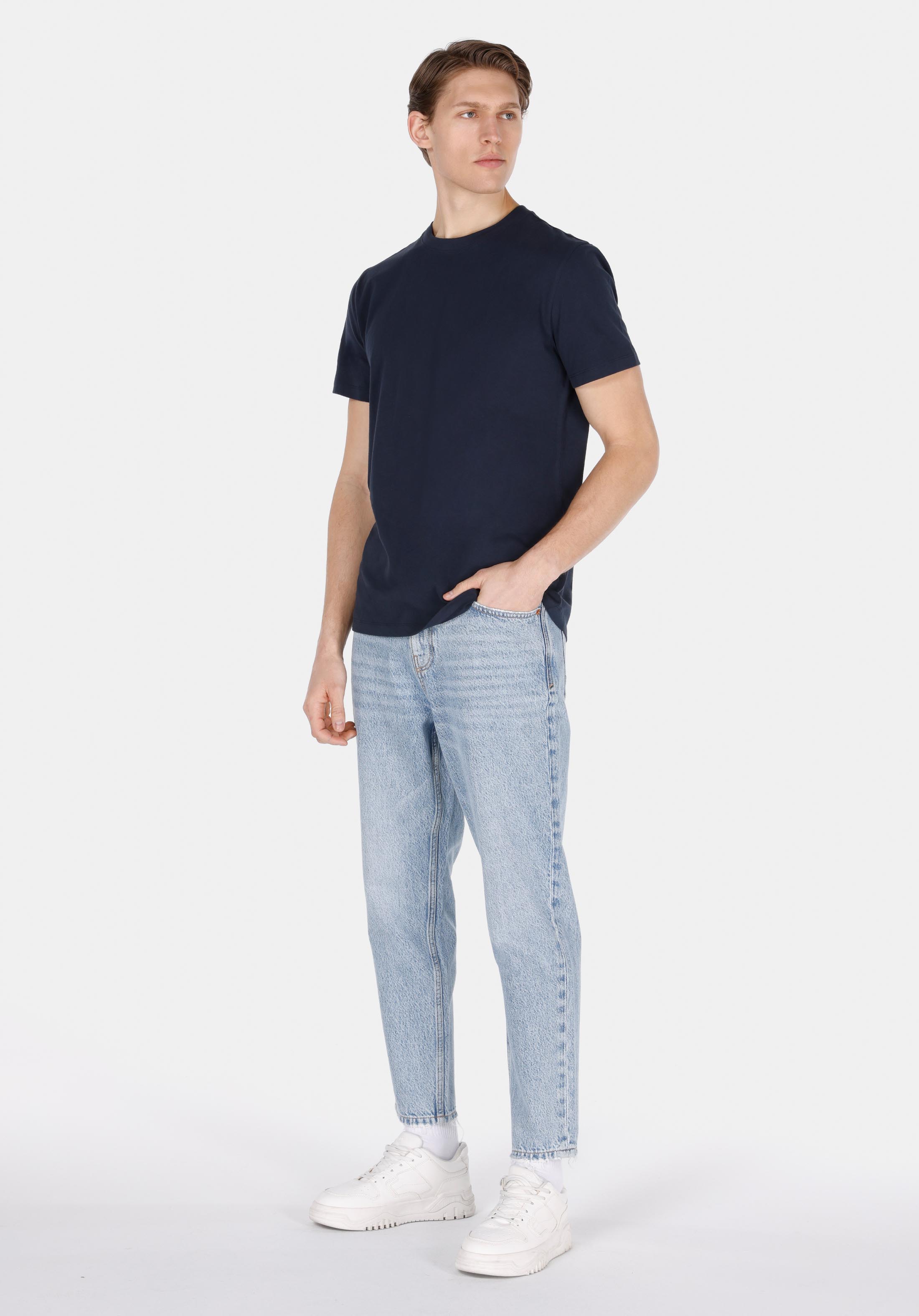 Afișați detalii pentru Regular Fit Round Neck Drept Bărbați Bleumarin Tricou Cu Mânecă Scurtă