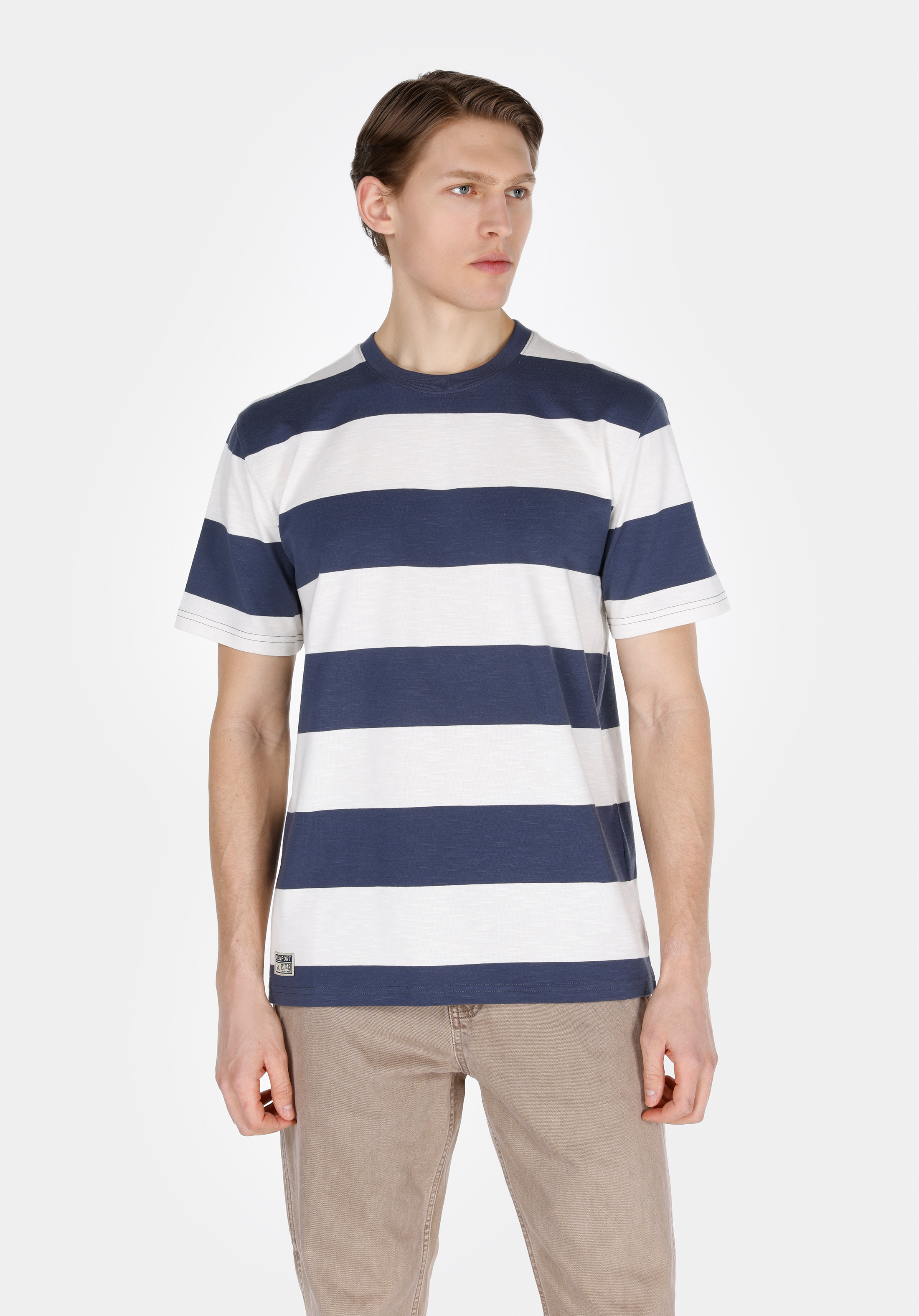 Afișați detalii pentru Comfort Fit Round Neck Striped Bărbați Bleumarin Tricou Cu Mânecă Scurtă