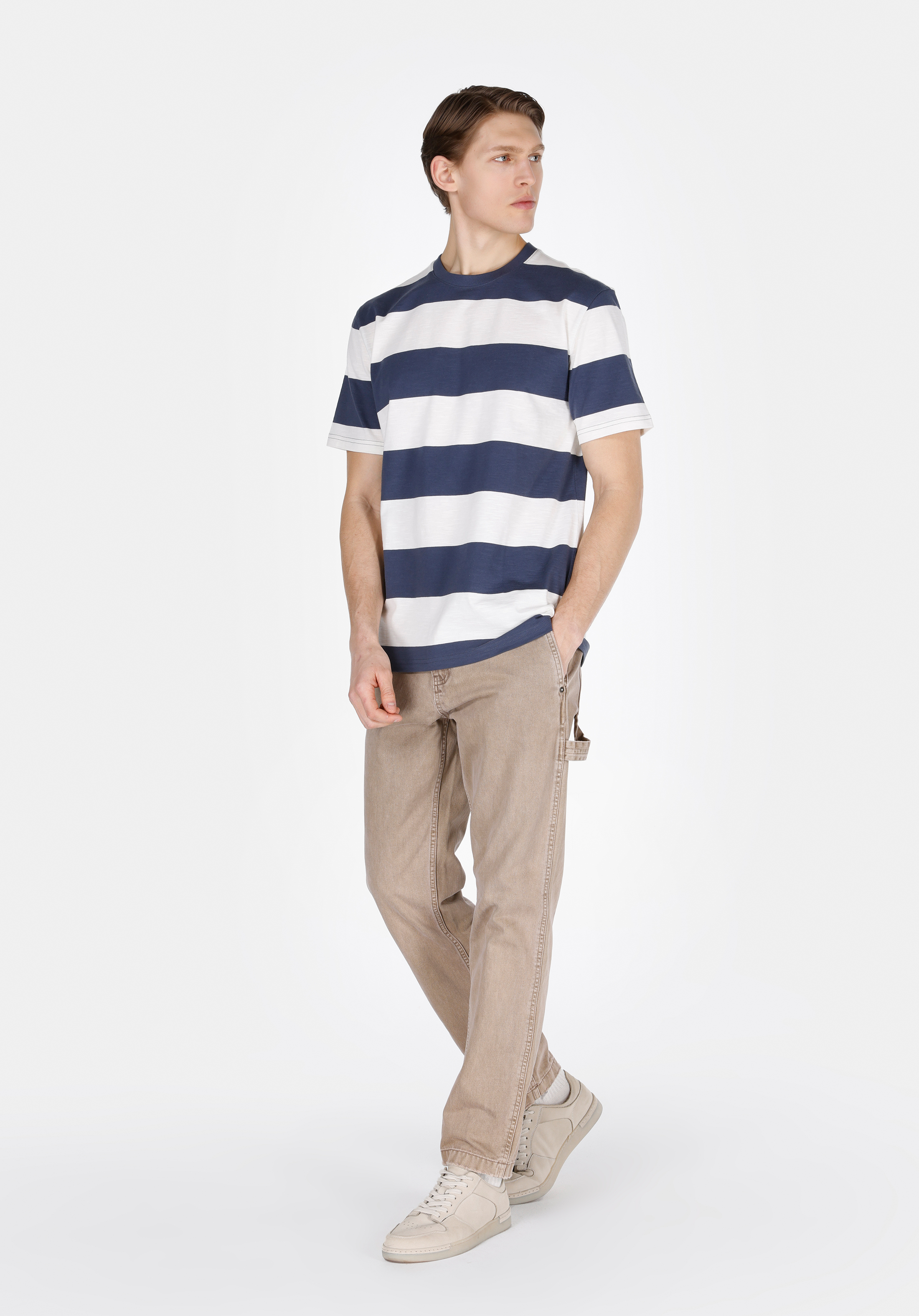 Afișați detalii pentru Comfort Fit Round Neck Striped Bărbați Bleumarin Tricou Cu Mânecă Scurtă