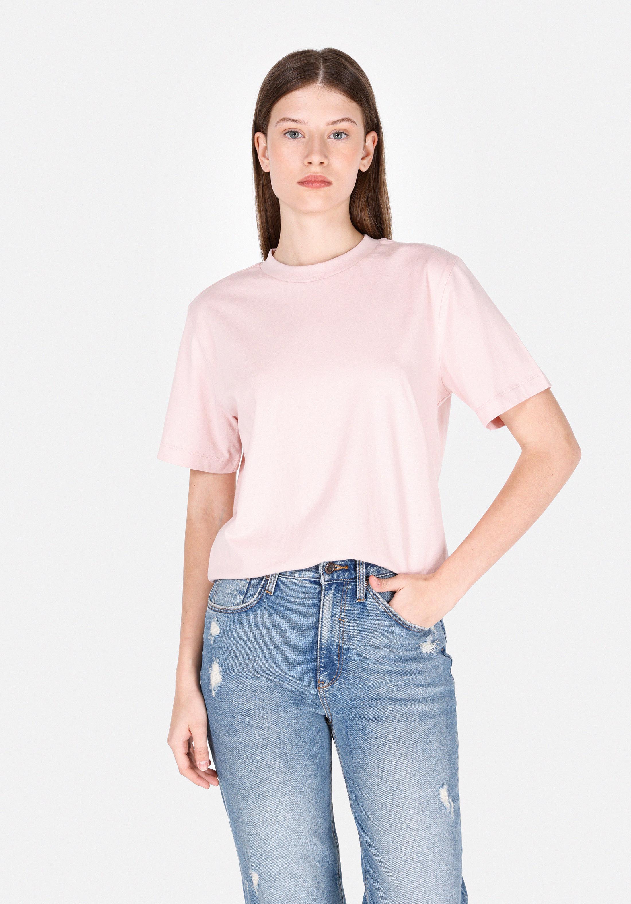 Afișați detalii pentru Regular Fit Round Neck Drept Tricou Cu Mânecă Scurtă Roz Pentru Femei