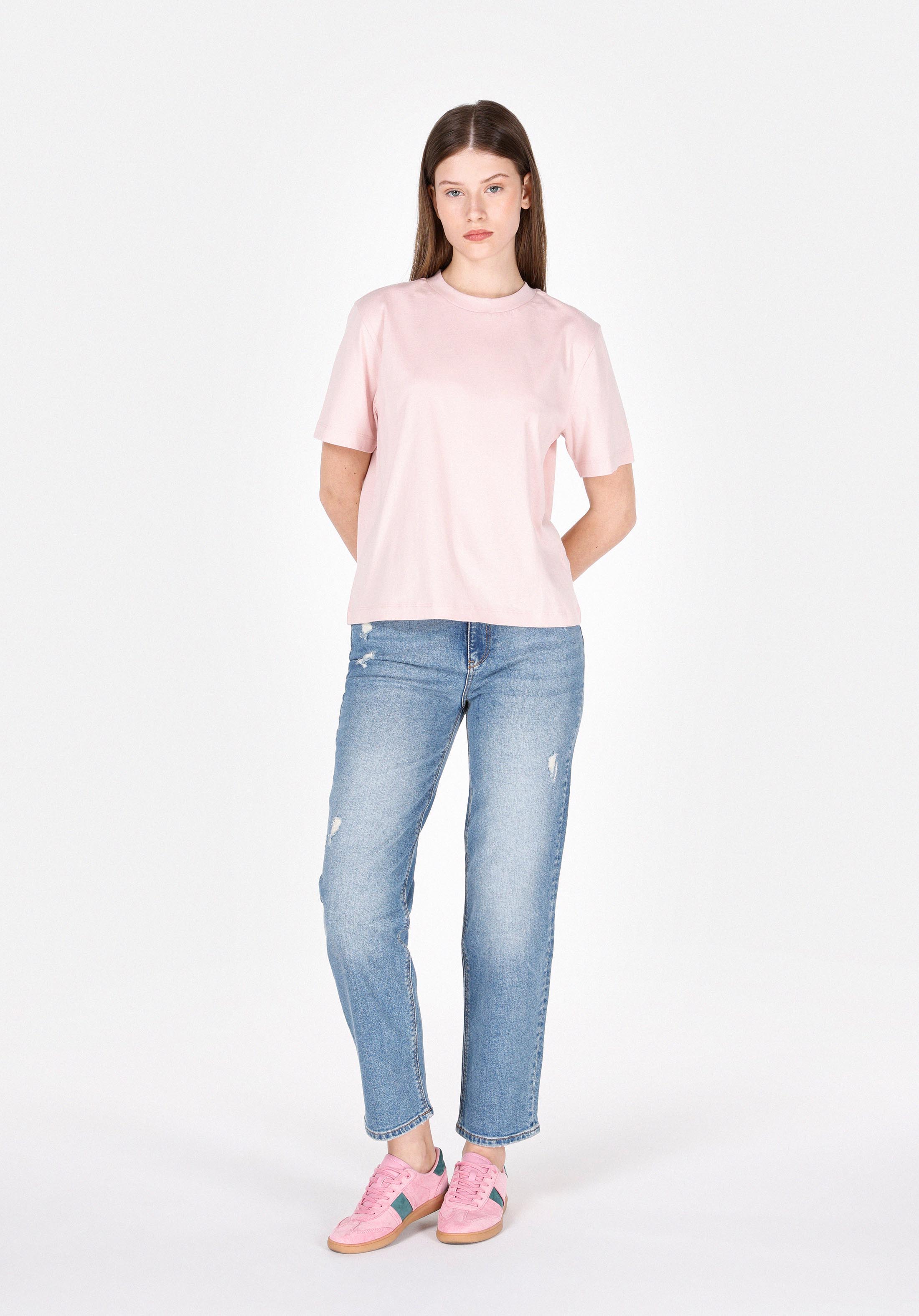 Afișați detalii pentru Regular Fit Round Neck Drept Tricou Cu Mânecă Scurtă Roz Pentru Femei