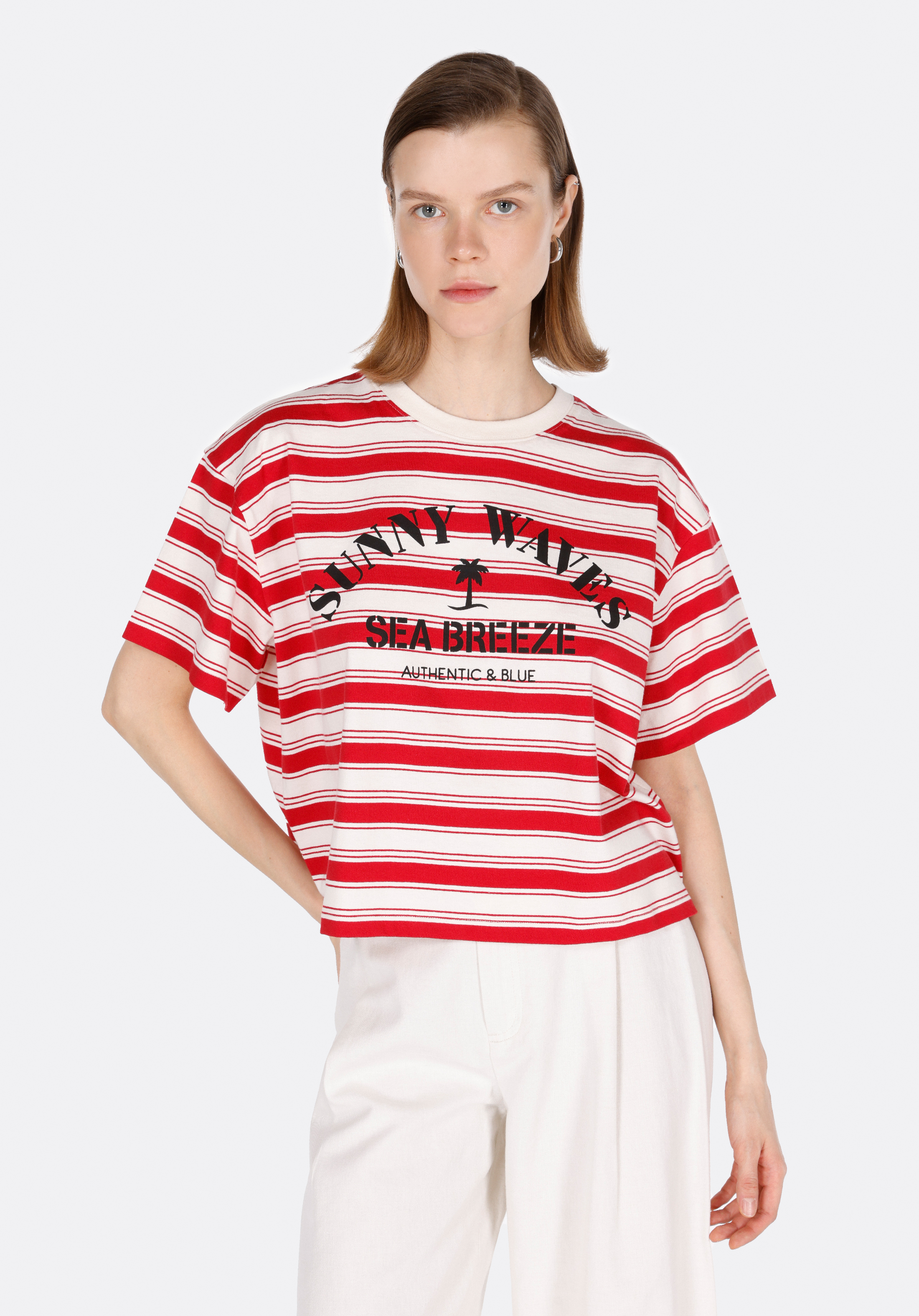 Afișați detalii pentru Tricou Cu Mânecă Scurtă Roșu Cu Guler Rotund Cu Dungi Pentru Femei