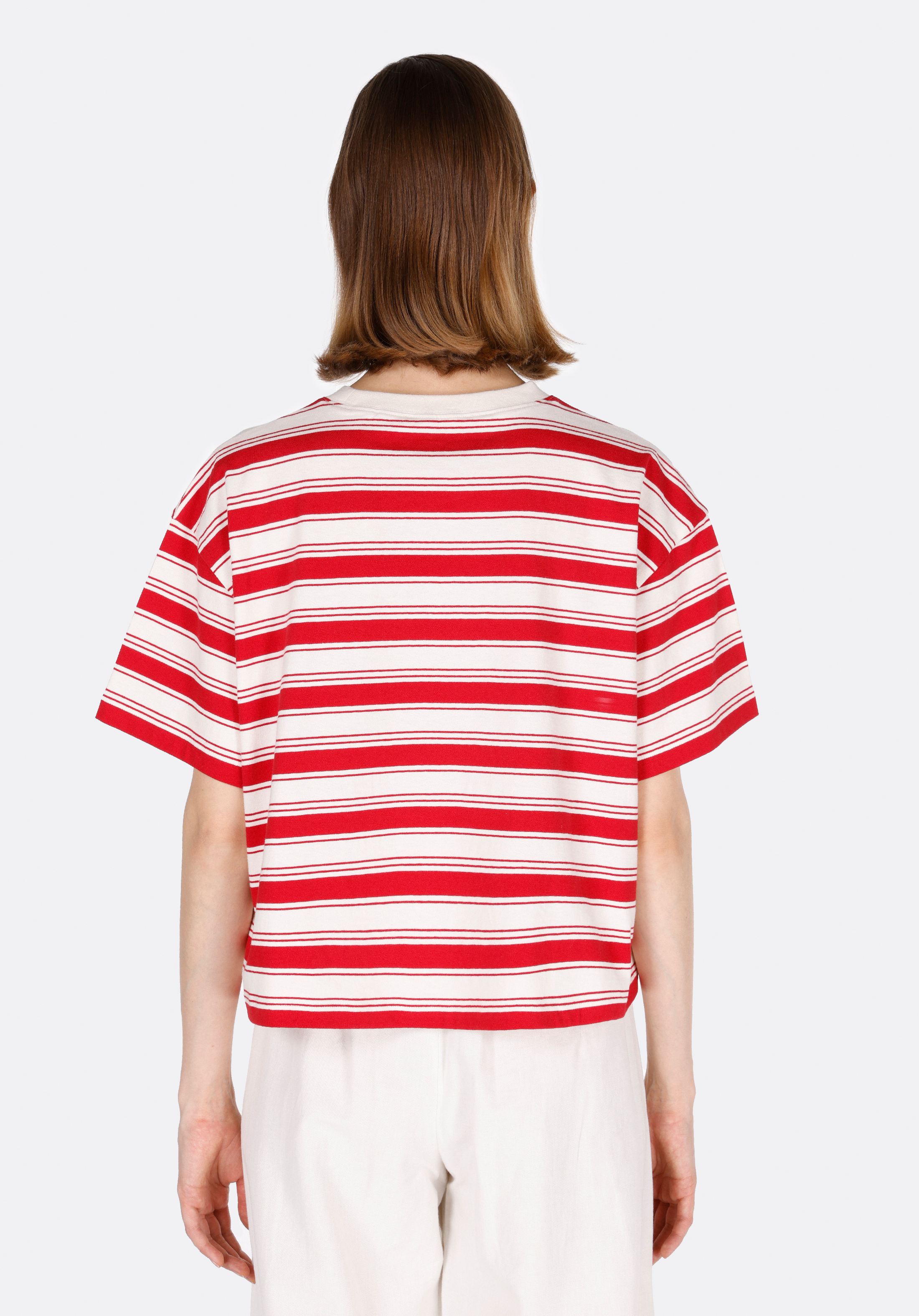 Afișați detalii pentru Tricou Cu Mânecă Scurtă Roșu Cu Guler Rotund Cu Dungi Pentru Femei