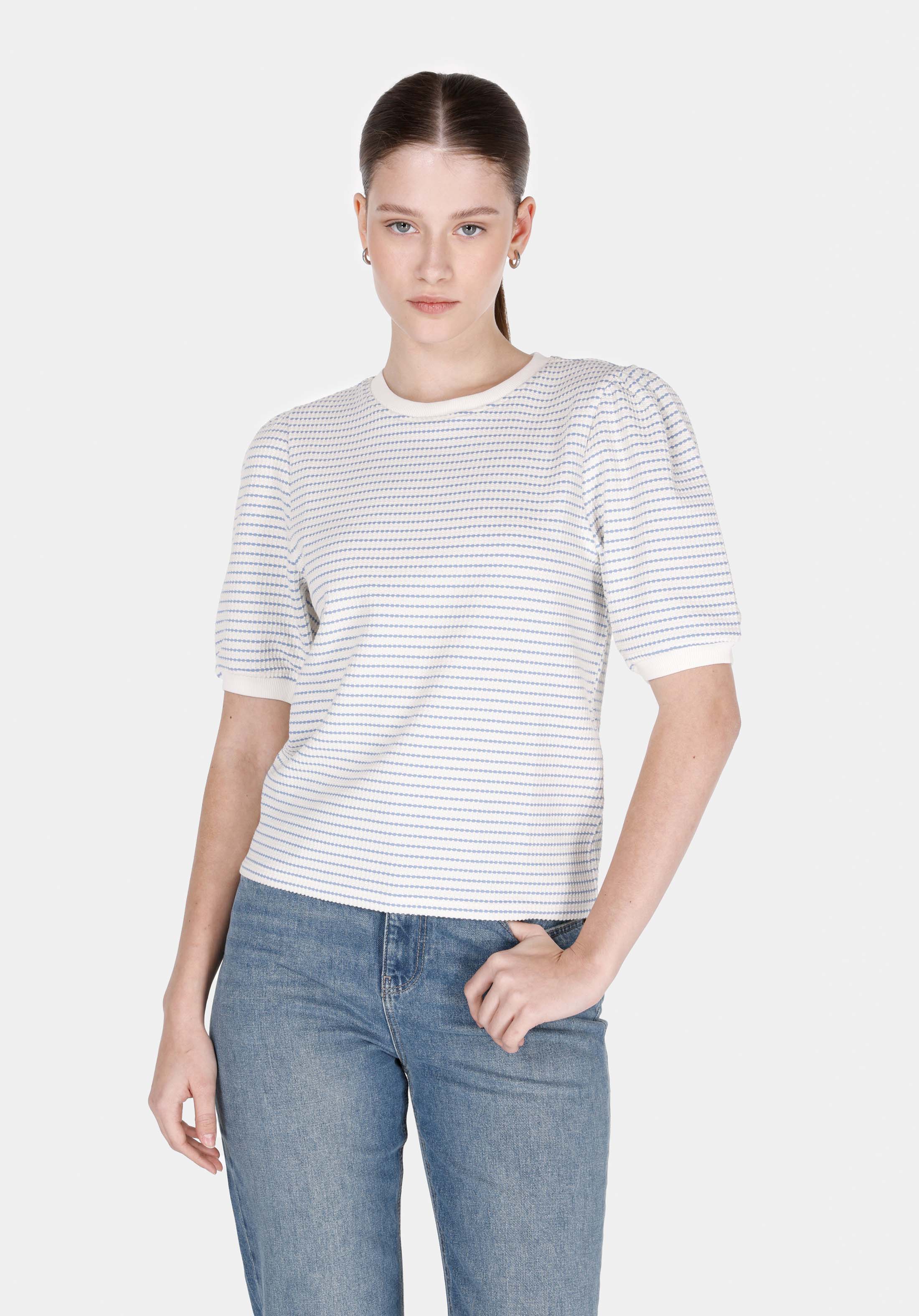 Afișați detalii pentru Regular Fit Round Neck Striped Tricou Alb Cu Mânecă Scurtă Pentru Femei