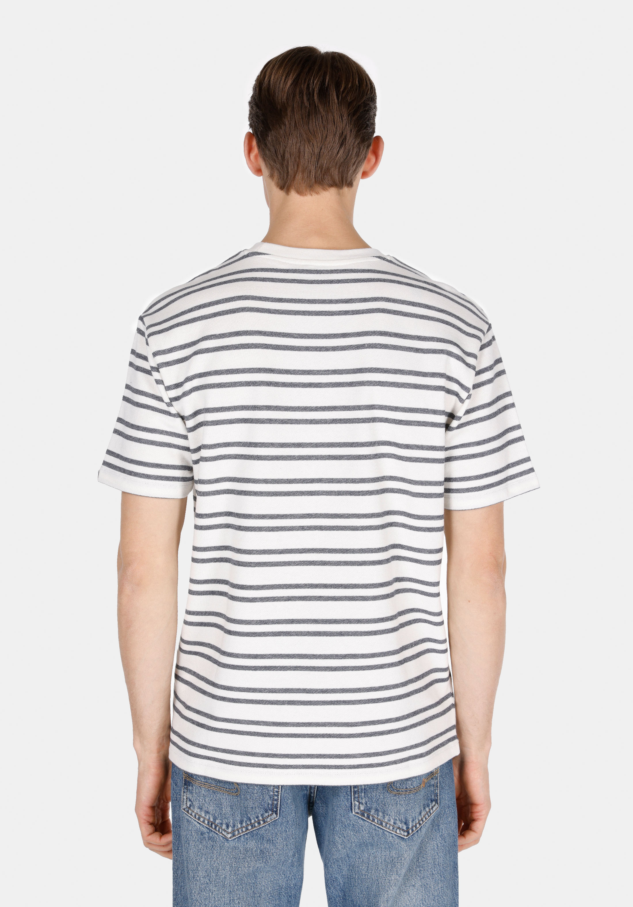 Afișați detalii pentru Tricou Cu Mânecă Scurtă Albă Cu Guler Rotund Cu Dungi Comfort Fit