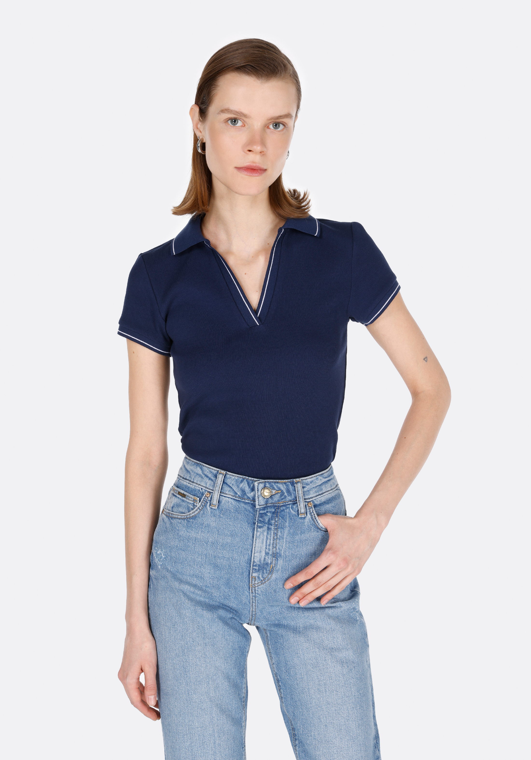 Afișați detalii pentru Tricou Polo Cu Maneca Scurta De Dama Albastru Marin Slim Fit  Cl1073698