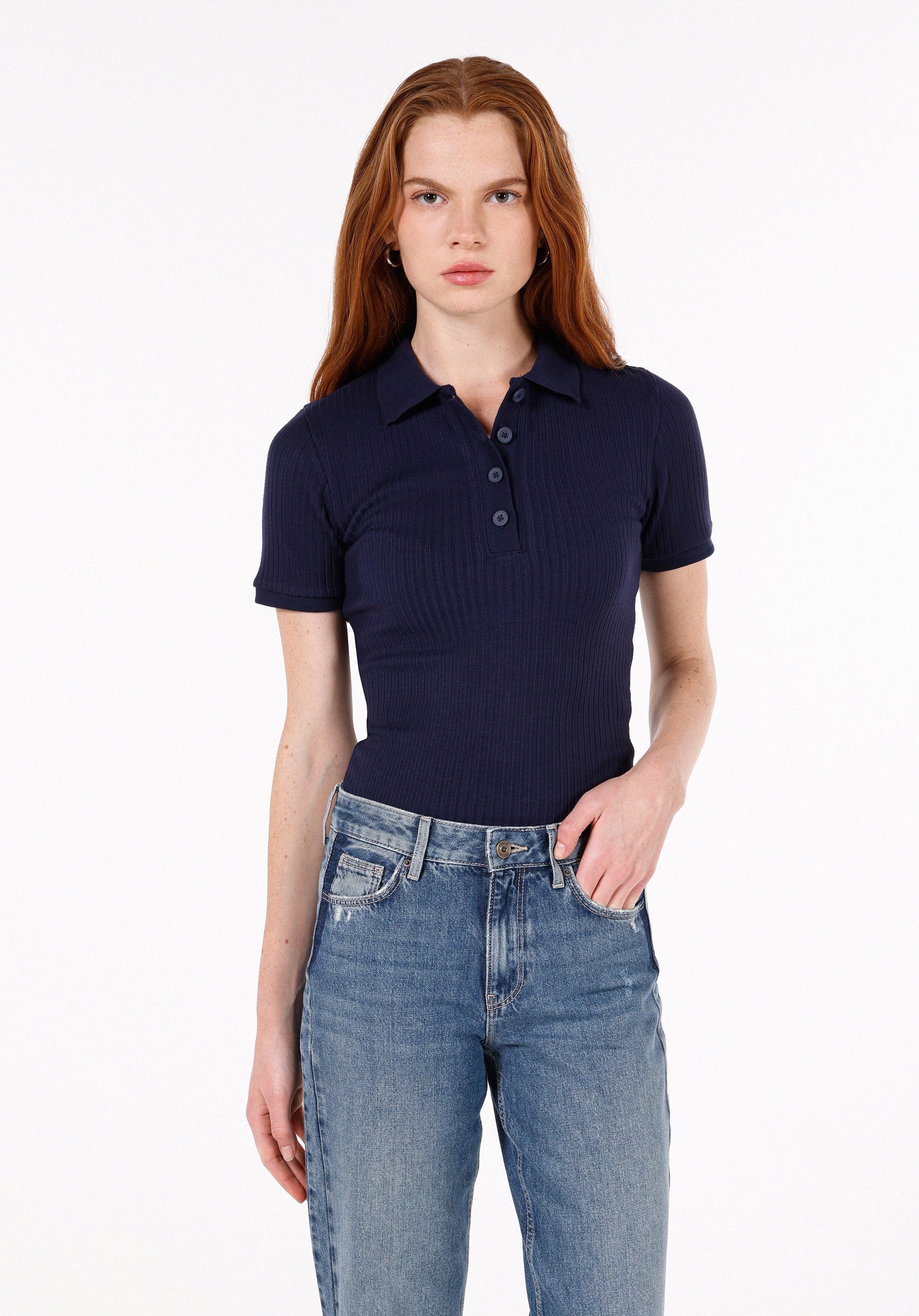 Afișați detalii pentru Tricou Polo Cu Maneca Scurta De Dama Albastru Marin Slim Fit  Cl1072524