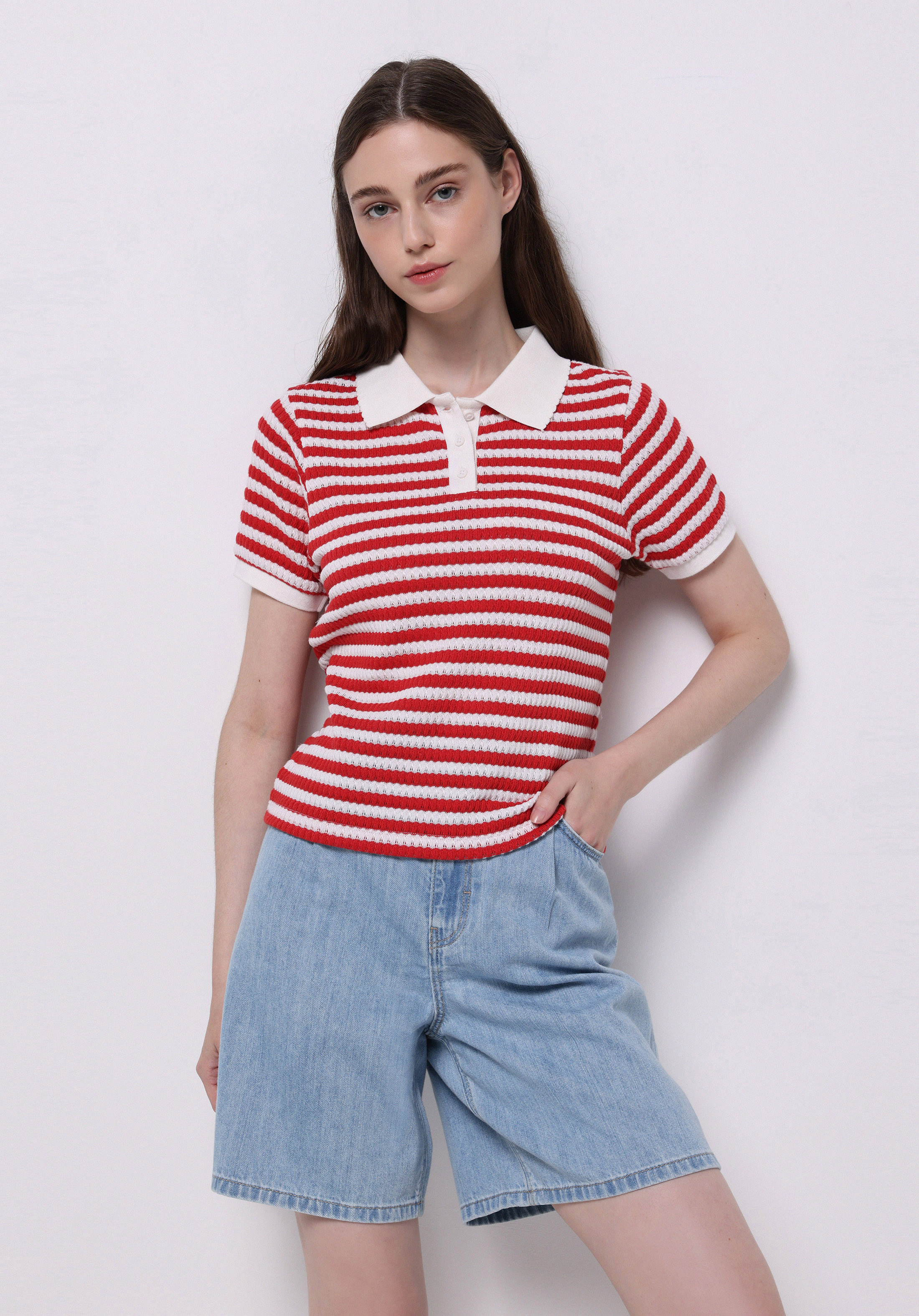 Afișați detalii pentru Slim Fit Polo Collar Striped Tricou Roșu Cu Mânecă Scurtă Pentru Femei