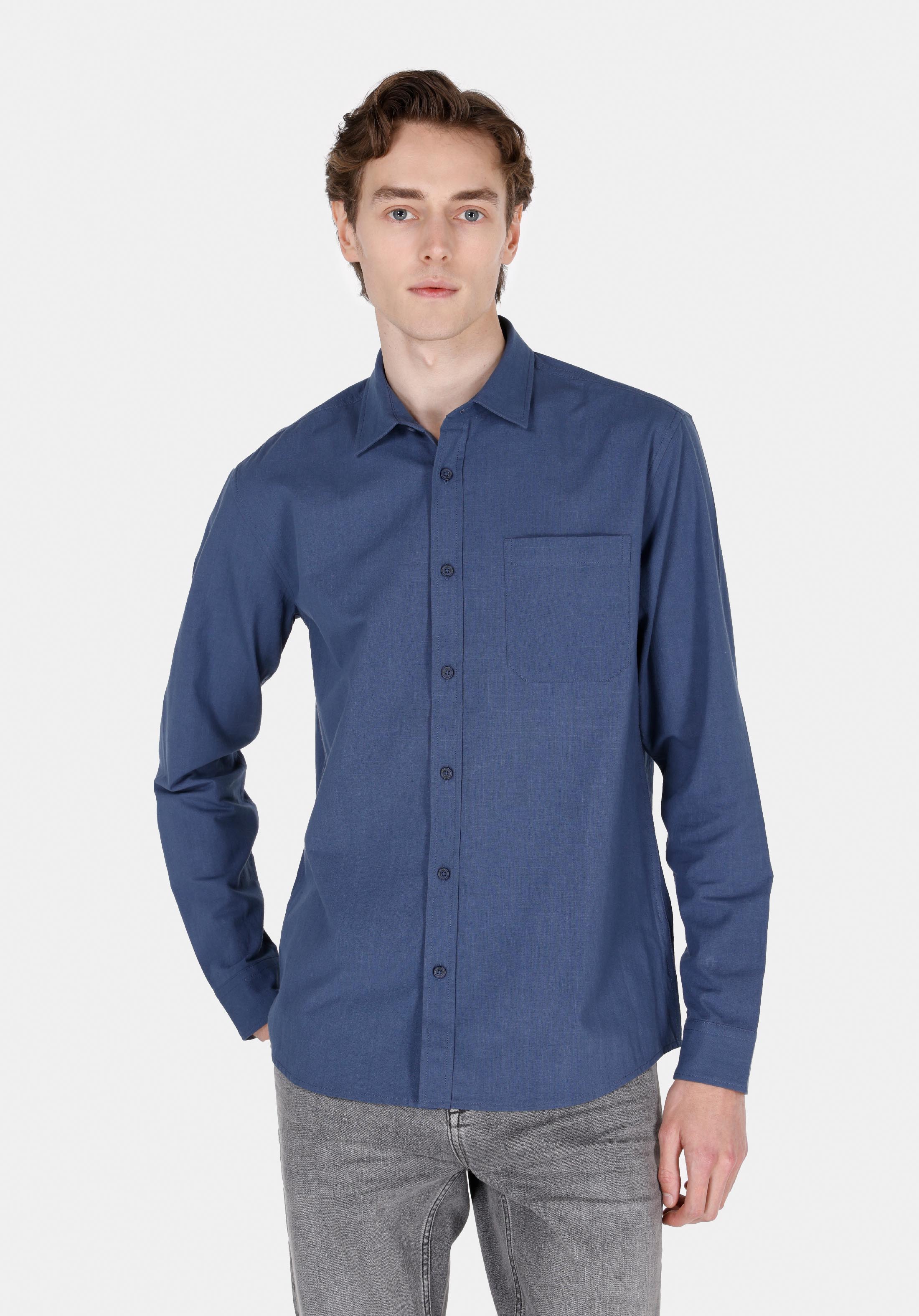 Afișați detalii pentru Regular Fit Cămașă Gât Drept Bărbați Bleumarin Cămașă Cu Mânecă Lungă