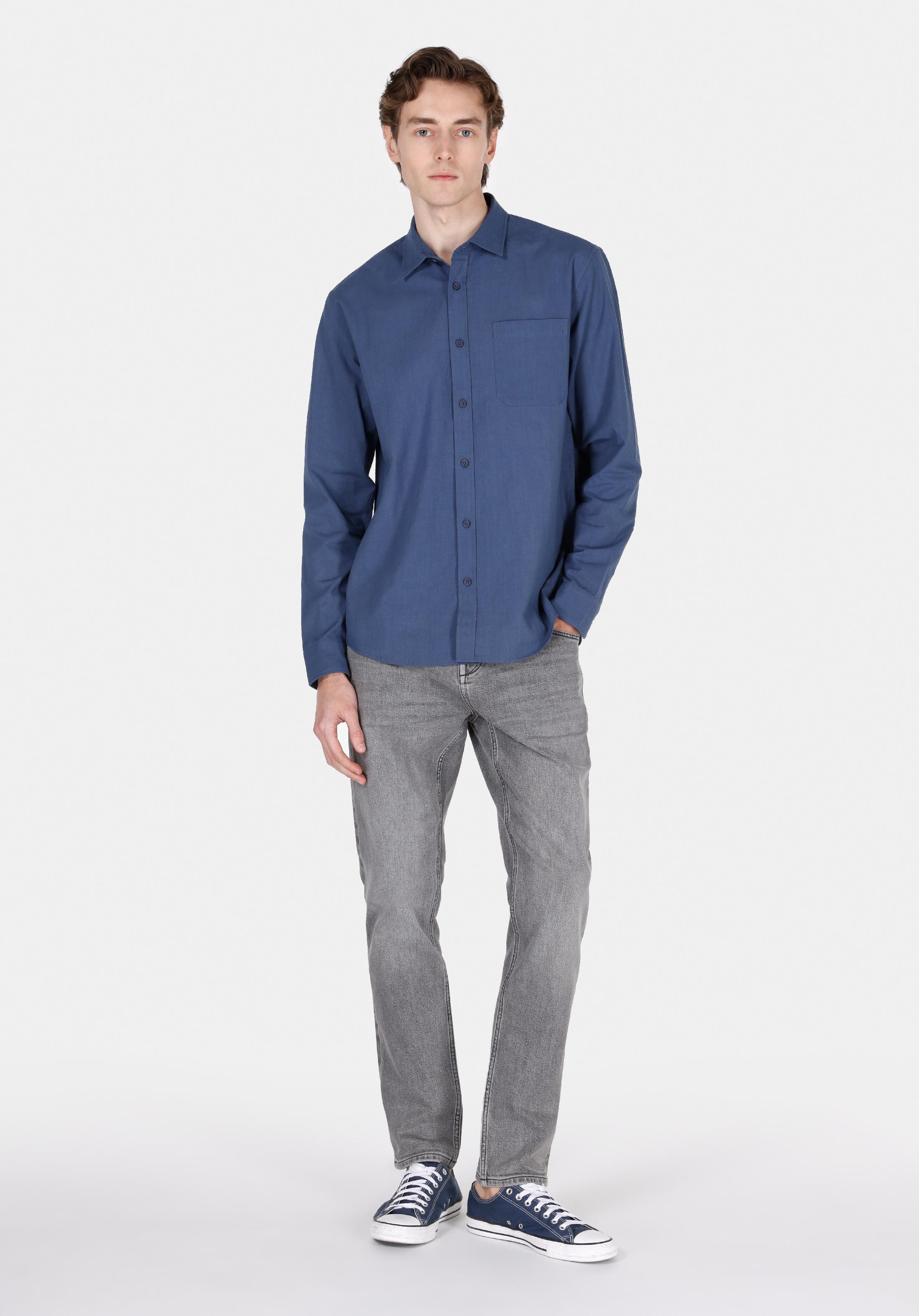 Afișați detalii pentru Regular Fit Cămașă Gât Drept Bărbați Bleumarin Cămașă Cu Mânecă Lungă