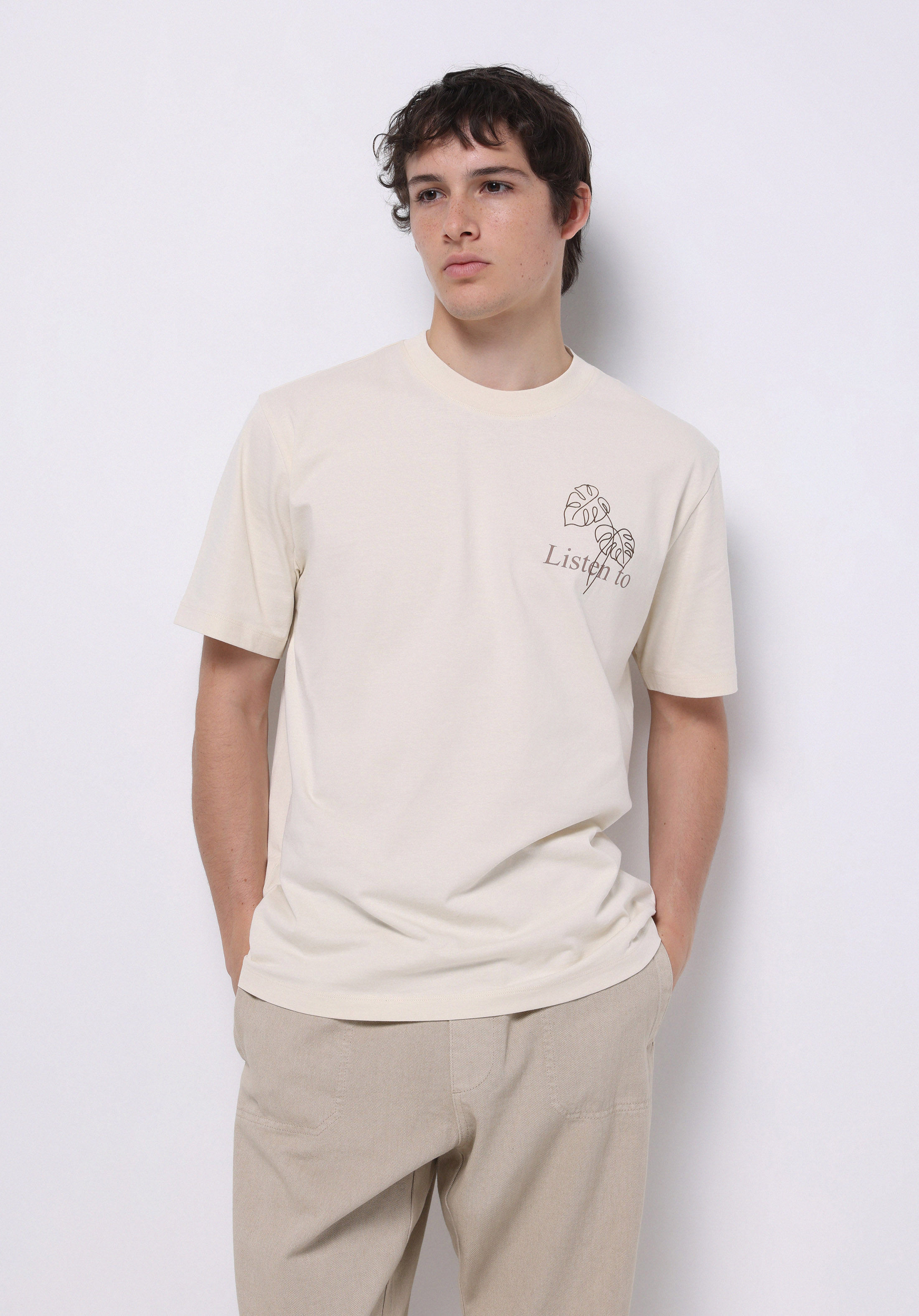 Afișați detalii pentru Comfort Fit Round Neck Drept Bărbați Bej Tricou Cu Mânecă Scurtă