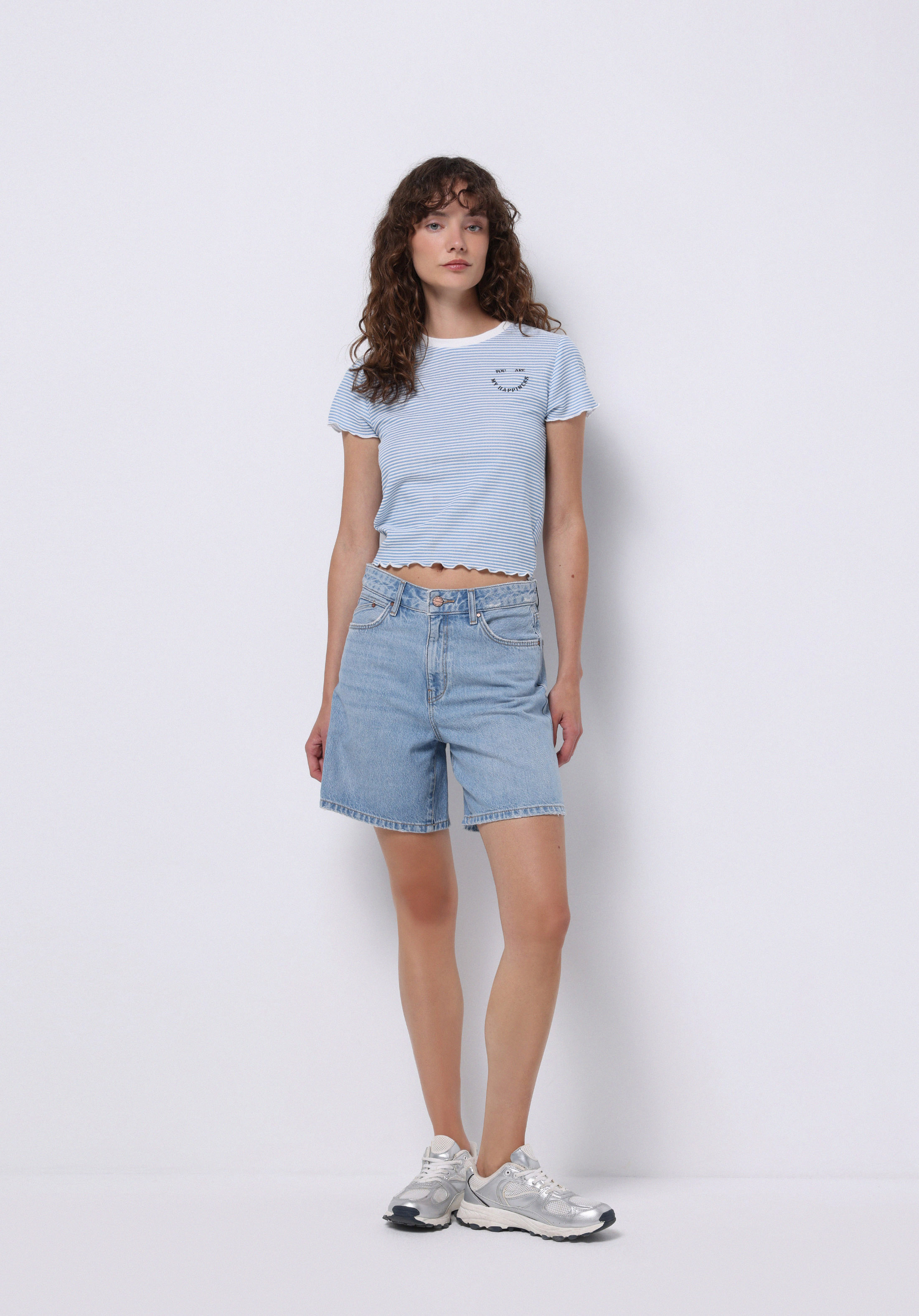 Afișați detalii pentru Slim Fit Round Collar Striped Tricou Albastru Cu Mânecă Scurtă Pentru Femei