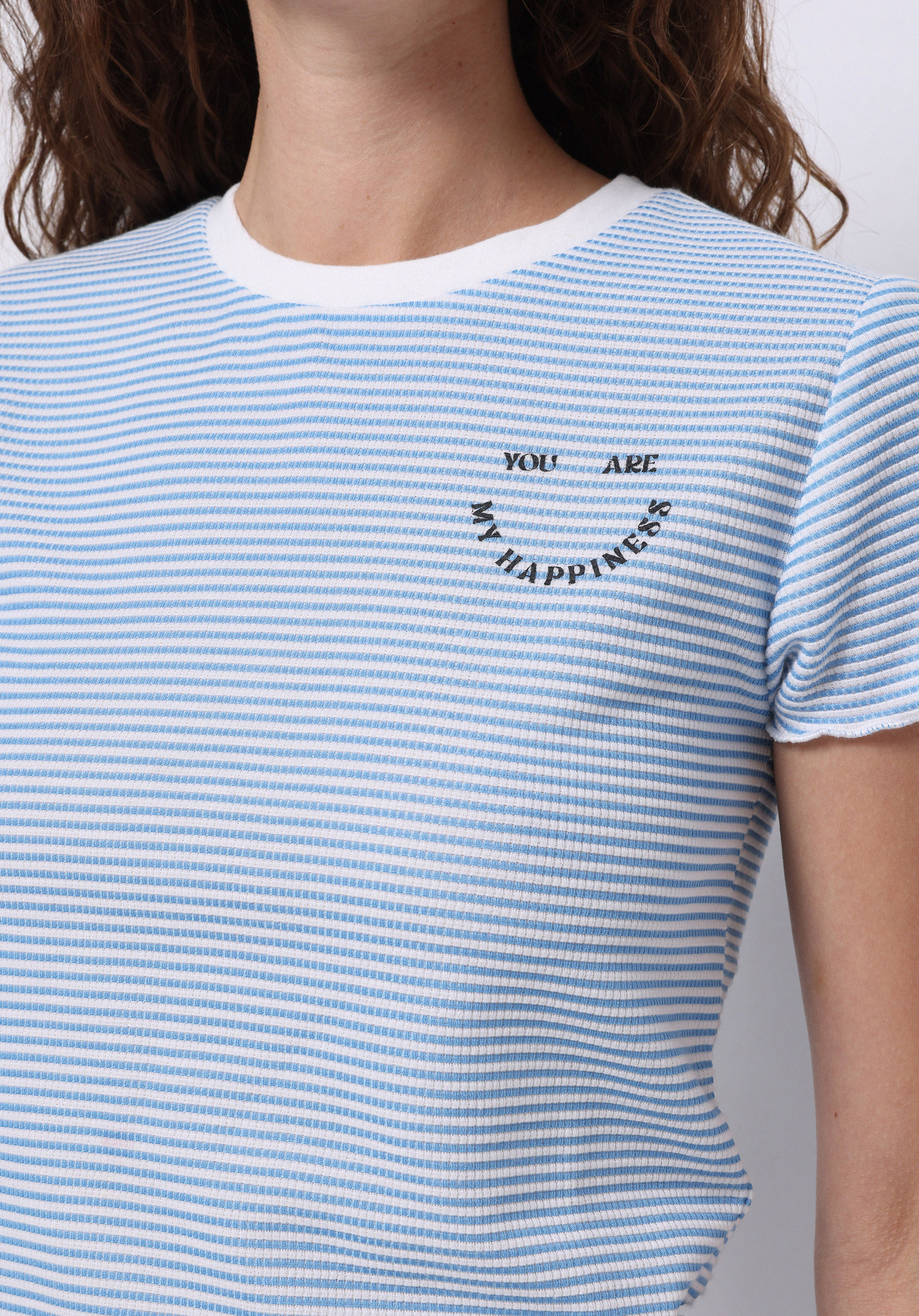 Afișați detalii pentru Slim Fit Round Collar Striped Tricou Albastru Cu Mânecă Scurtă Pentru Femei