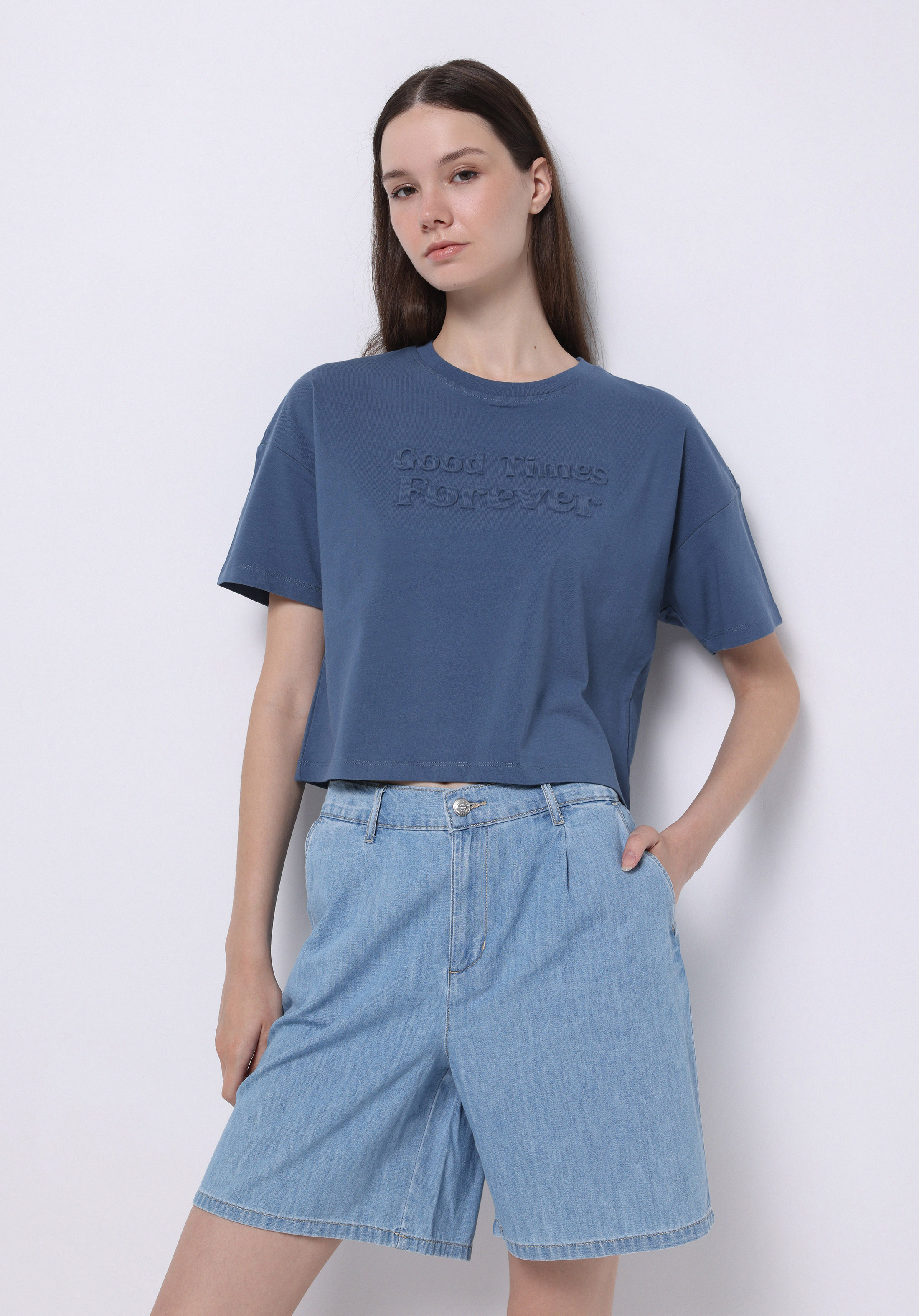 Afișați detalii pentru Regular Fit Round Neck Imprimat Tricou Albastru Cu Mânecă Scurtă Pentru Femei