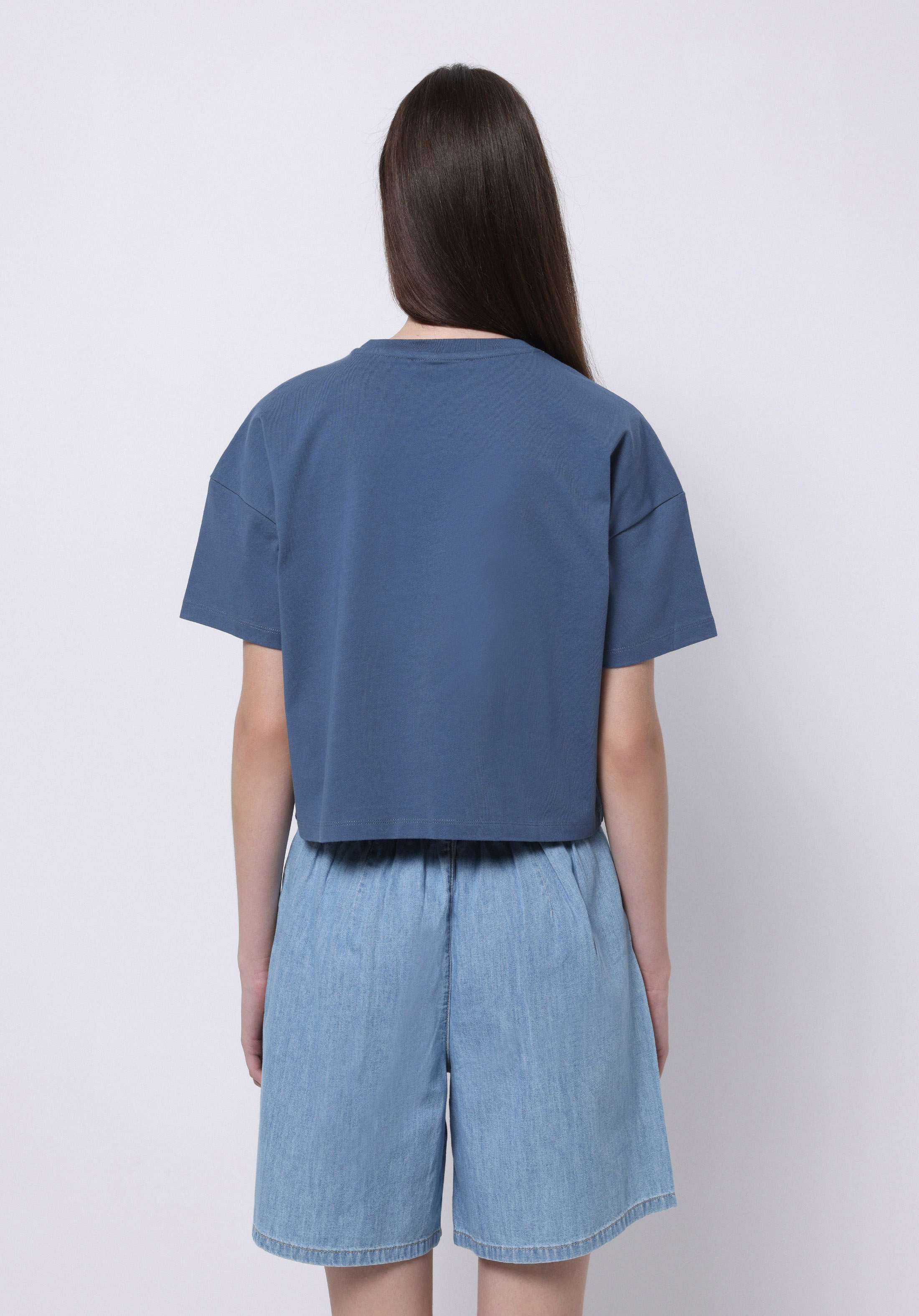 Afișați detalii pentru Regular Fit Round Neck Imprimat Tricou Albastru Cu Mânecă Scurtă Pentru Femei