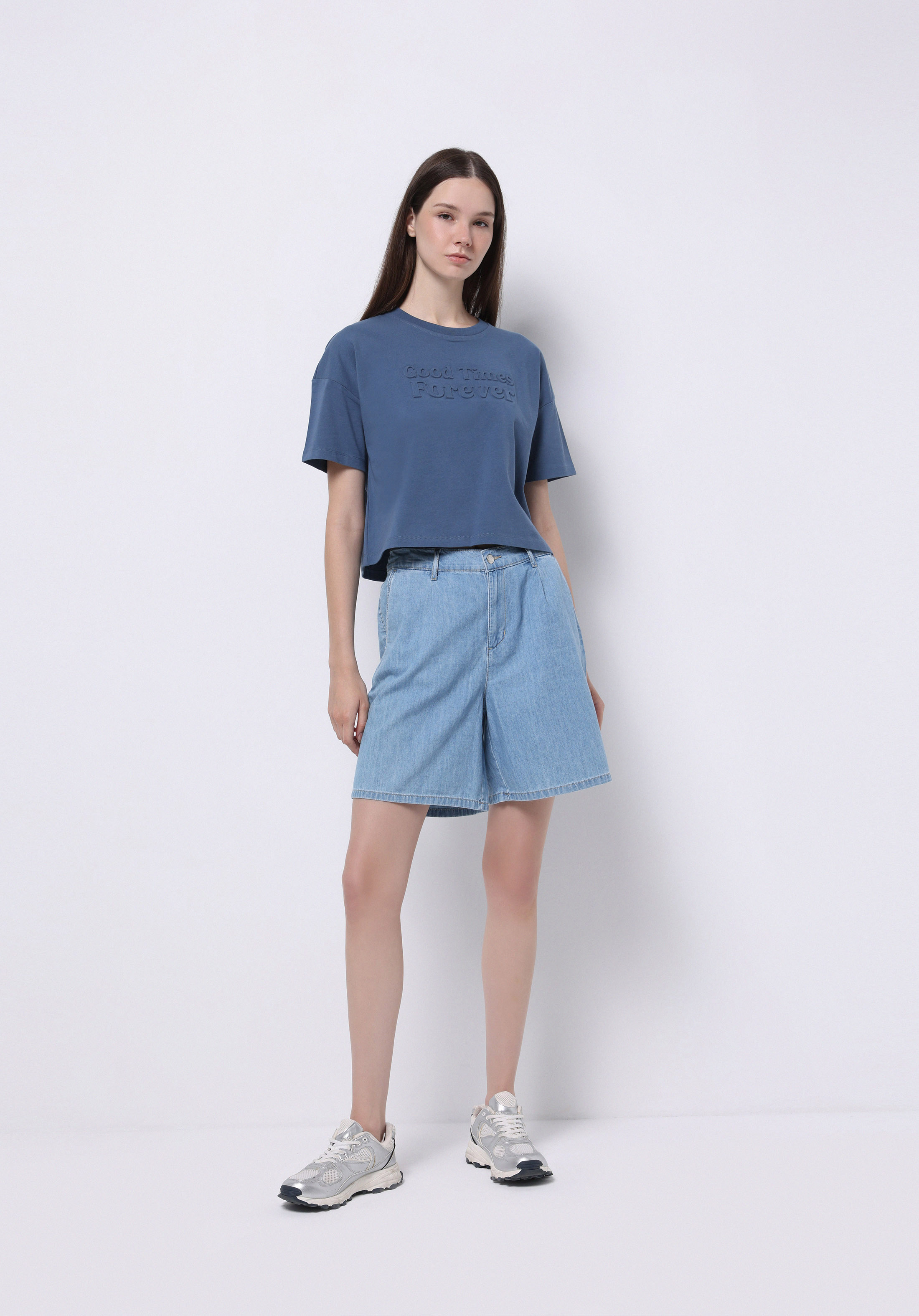 Afișați detalii pentru Regular Fit Round Neck Imprimat Tricou Albastru Cu Mânecă Scurtă Pentru Femei