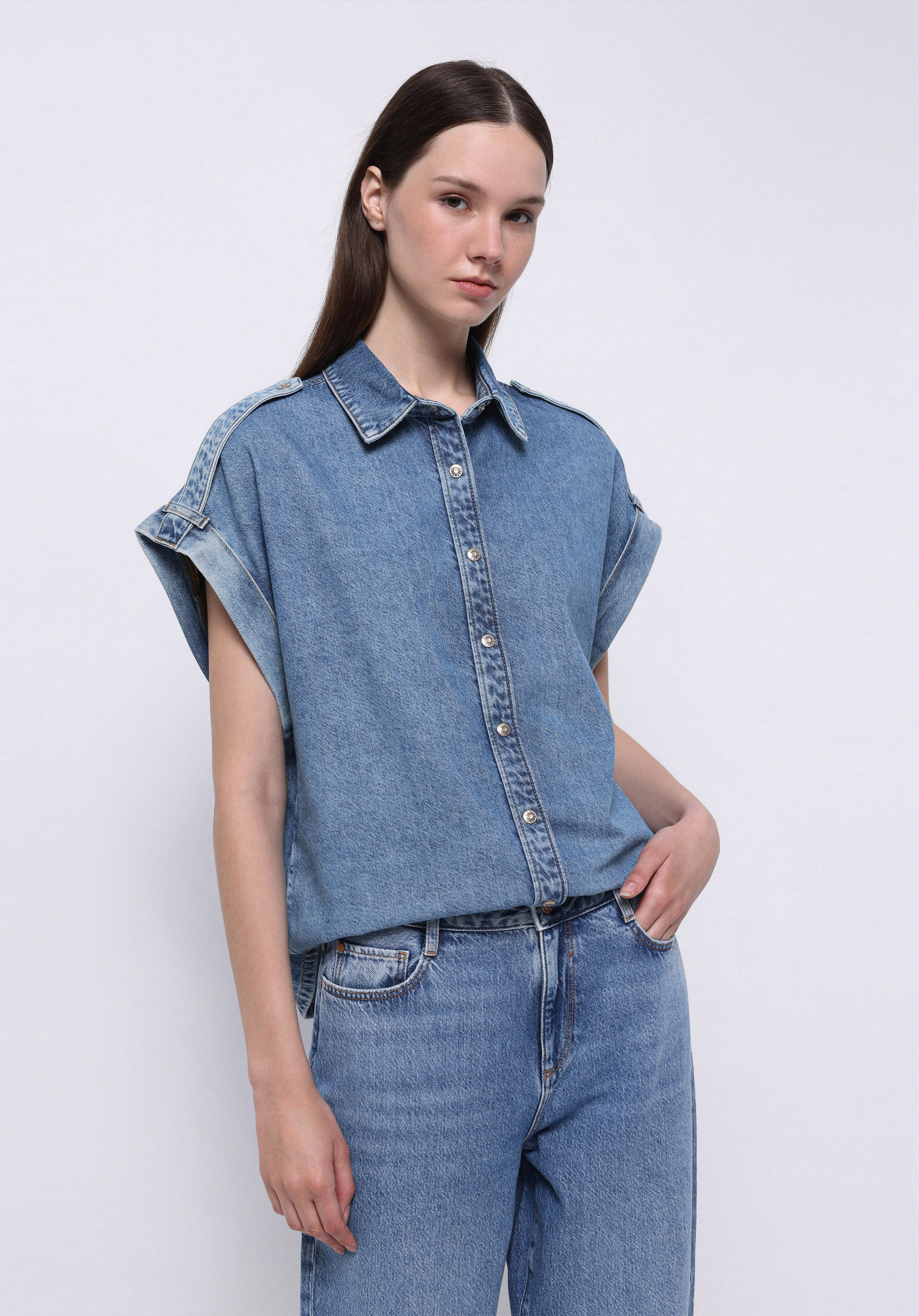 Afișați detalii pentru Camasa Cu Maneca Scurta De Dama Albastru Oversize Fit  Cl1074973