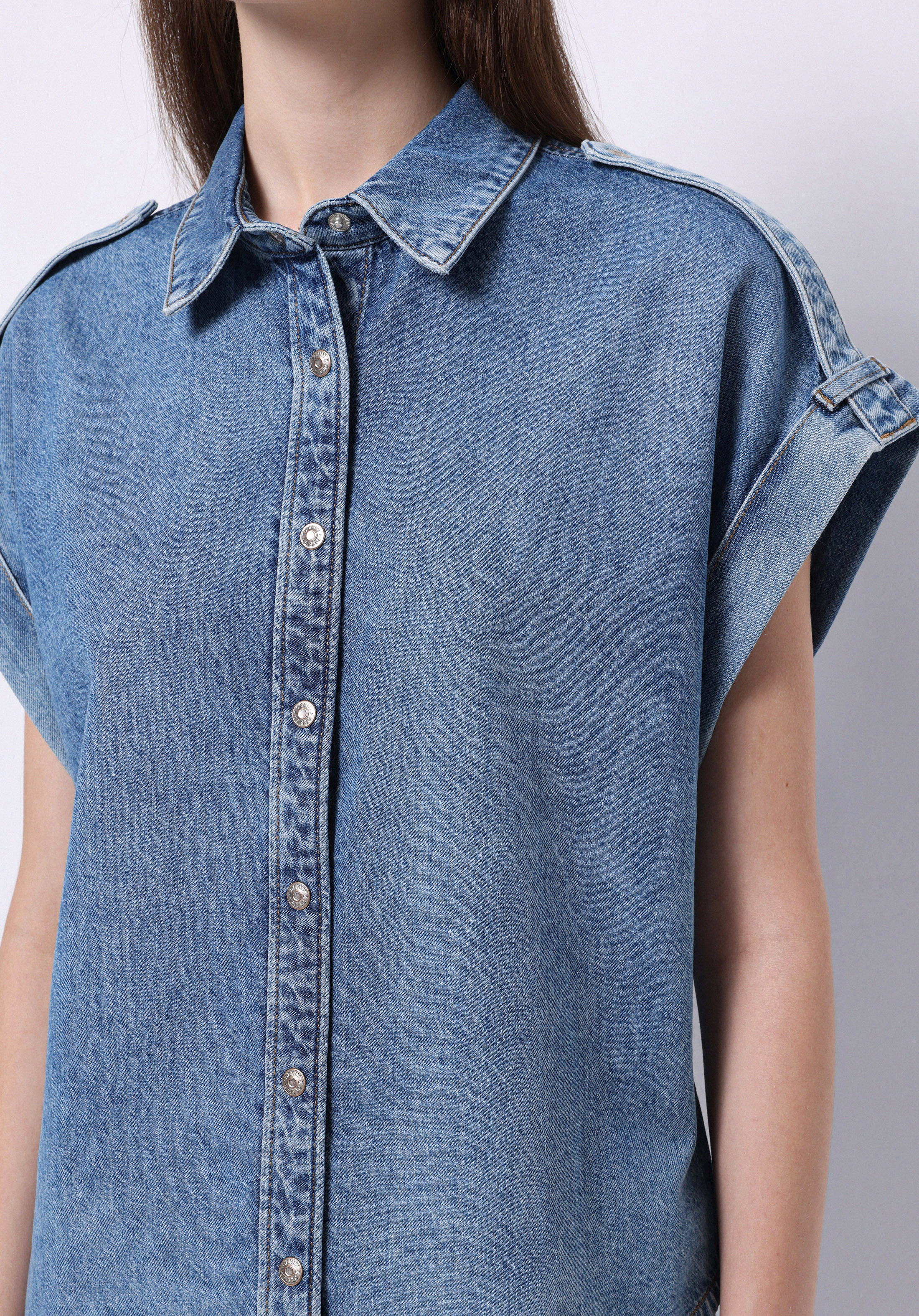 Afișați detalii pentru Camasa Cu Maneca Scurta De Dama Albastru Oversize Fit  Cl1074973