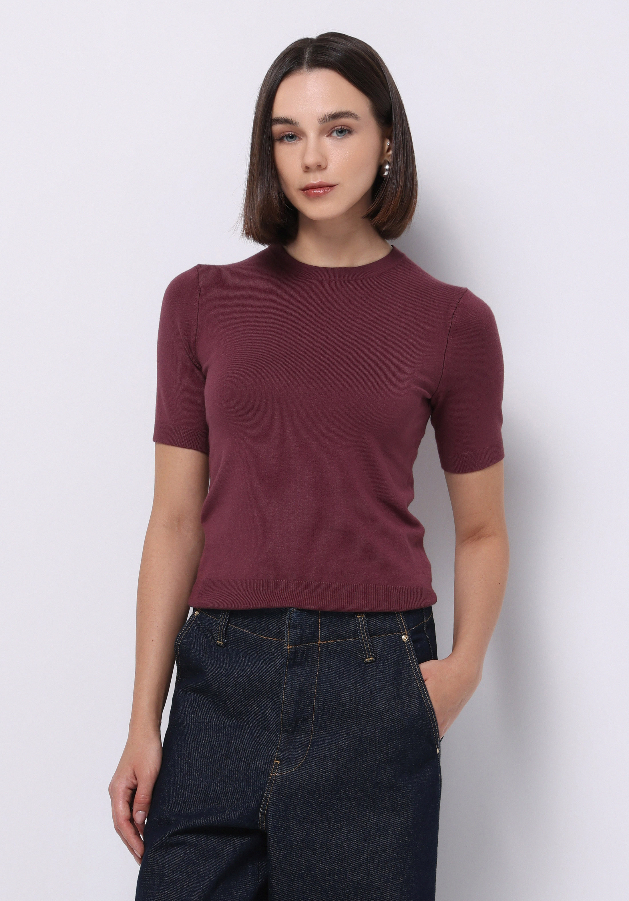 Afișați detalii pentru Pulover Cu Mâneci Scurte De Dama Bordo Slim Fit  Cl1075531