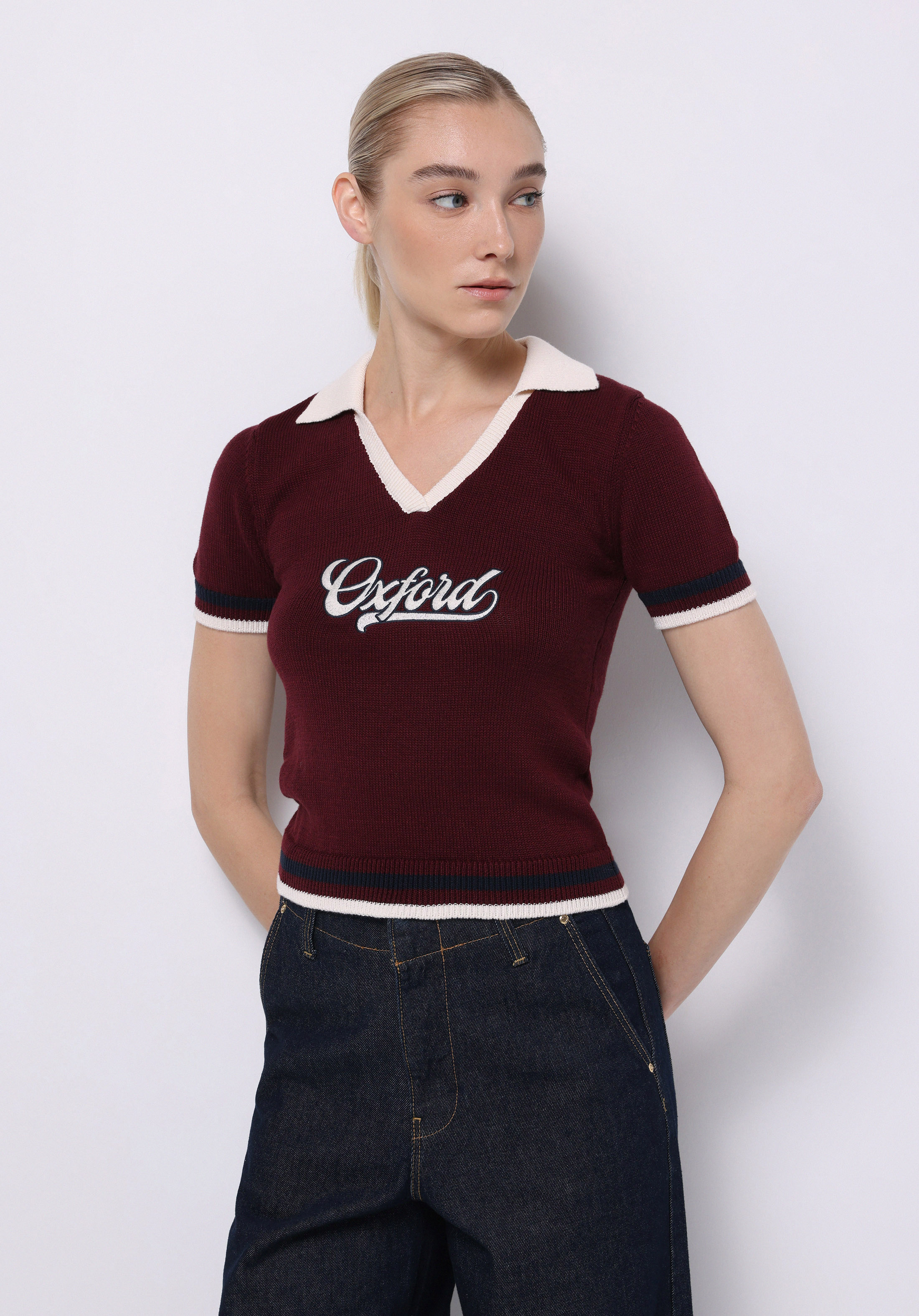 Afișați detalii pentru Pulover Cu Mâneci Scurte De Dama Bordo Slim Fit  Cl1075511