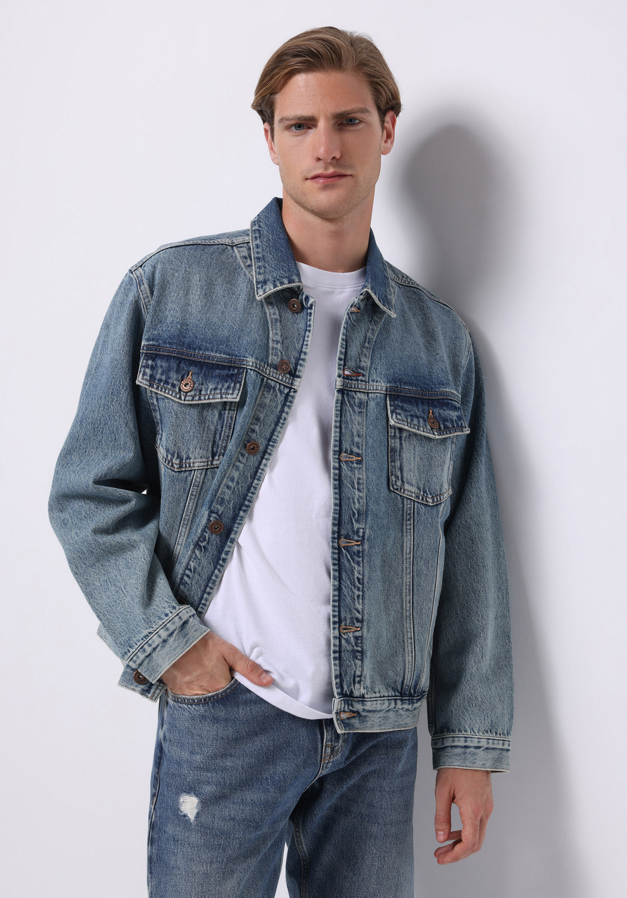 Afișați detalii pentru Jacheta De Barbati Albastru Deschis Oversize Fit  Cl1076176