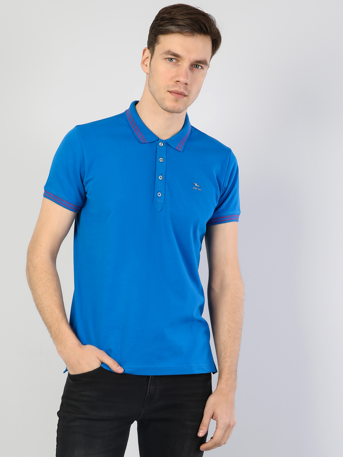 Afișați detalii pentru Tricou Polo Cu Maneca Scurta De Barbati Albastru Slim Fit  Cl1040747